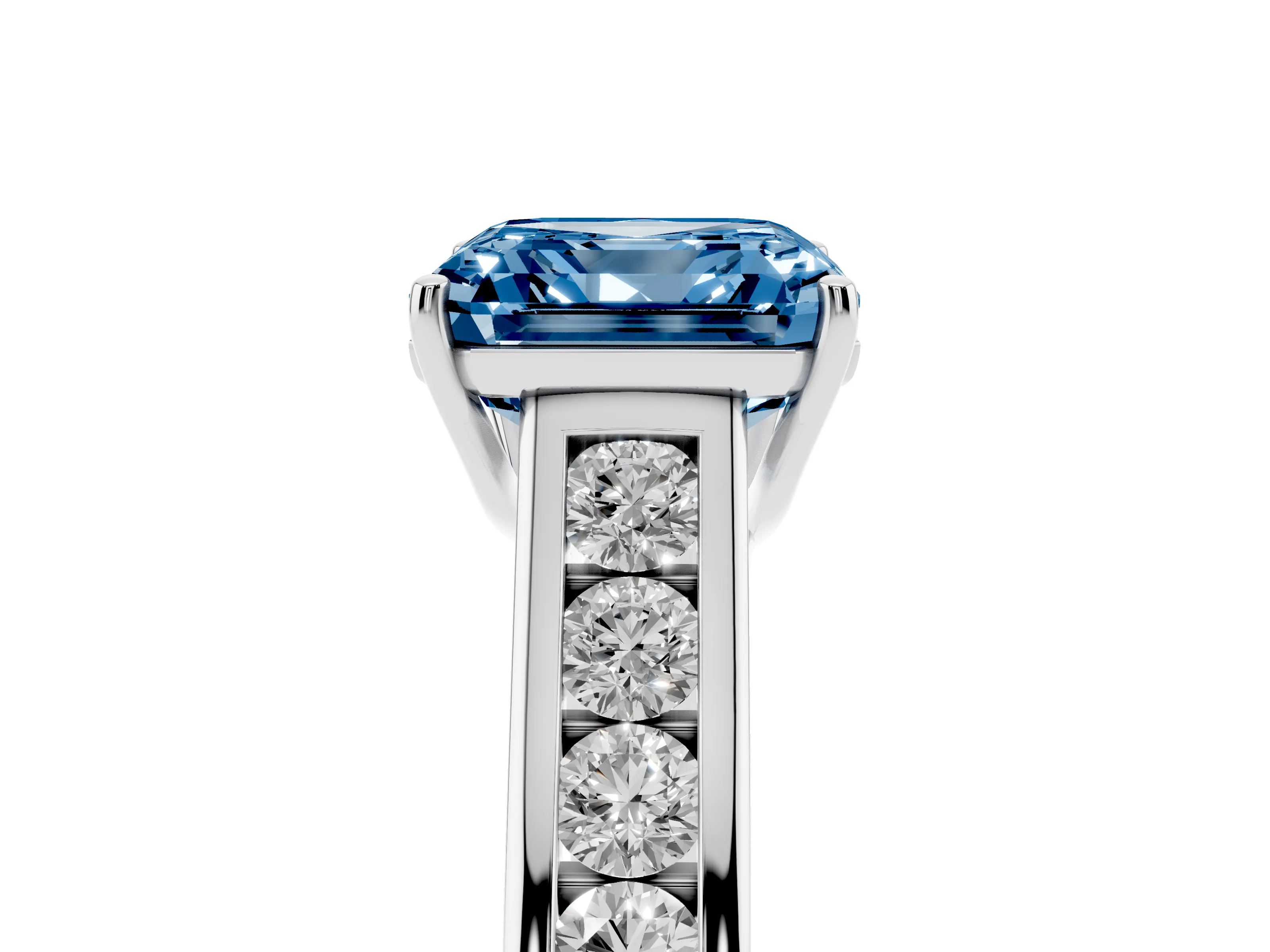 Fancy Blue Asscher Cut Diamond Brilliant Channel-Set Solitaire Ring Set in Platinum with Prong Setting