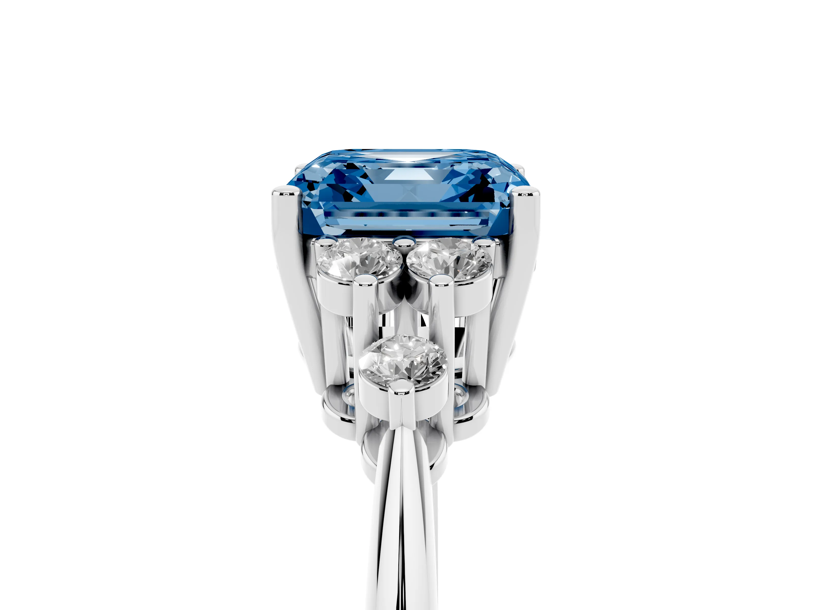 Fancy Blue Asscher Cut Diamond Cluster Ring Set in White gold with Plain Band and Prong Setting