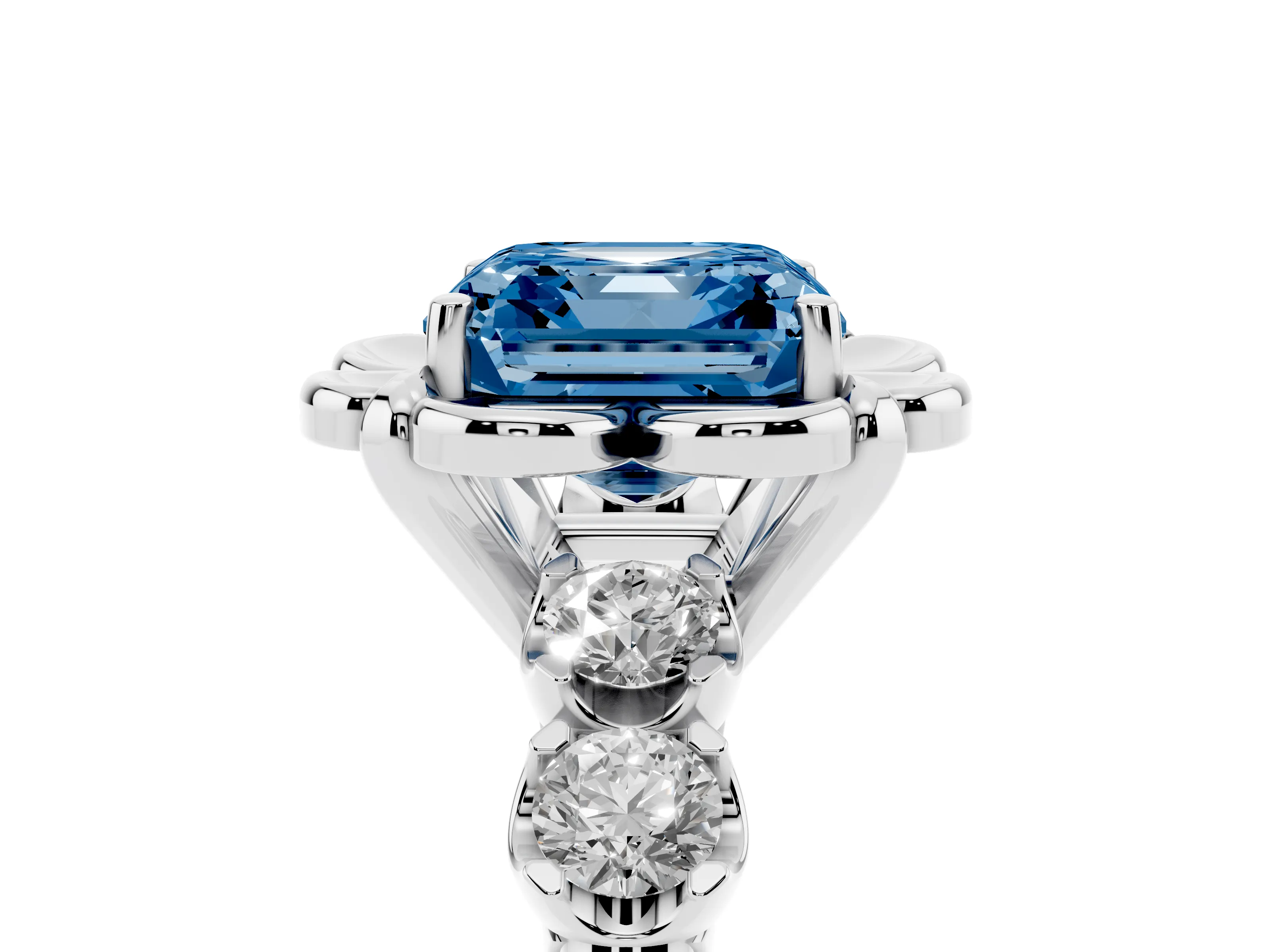Fancy Blue Asscher Cut Diamond Floral Halo Ring Set in White gold with Shared Prong Band
