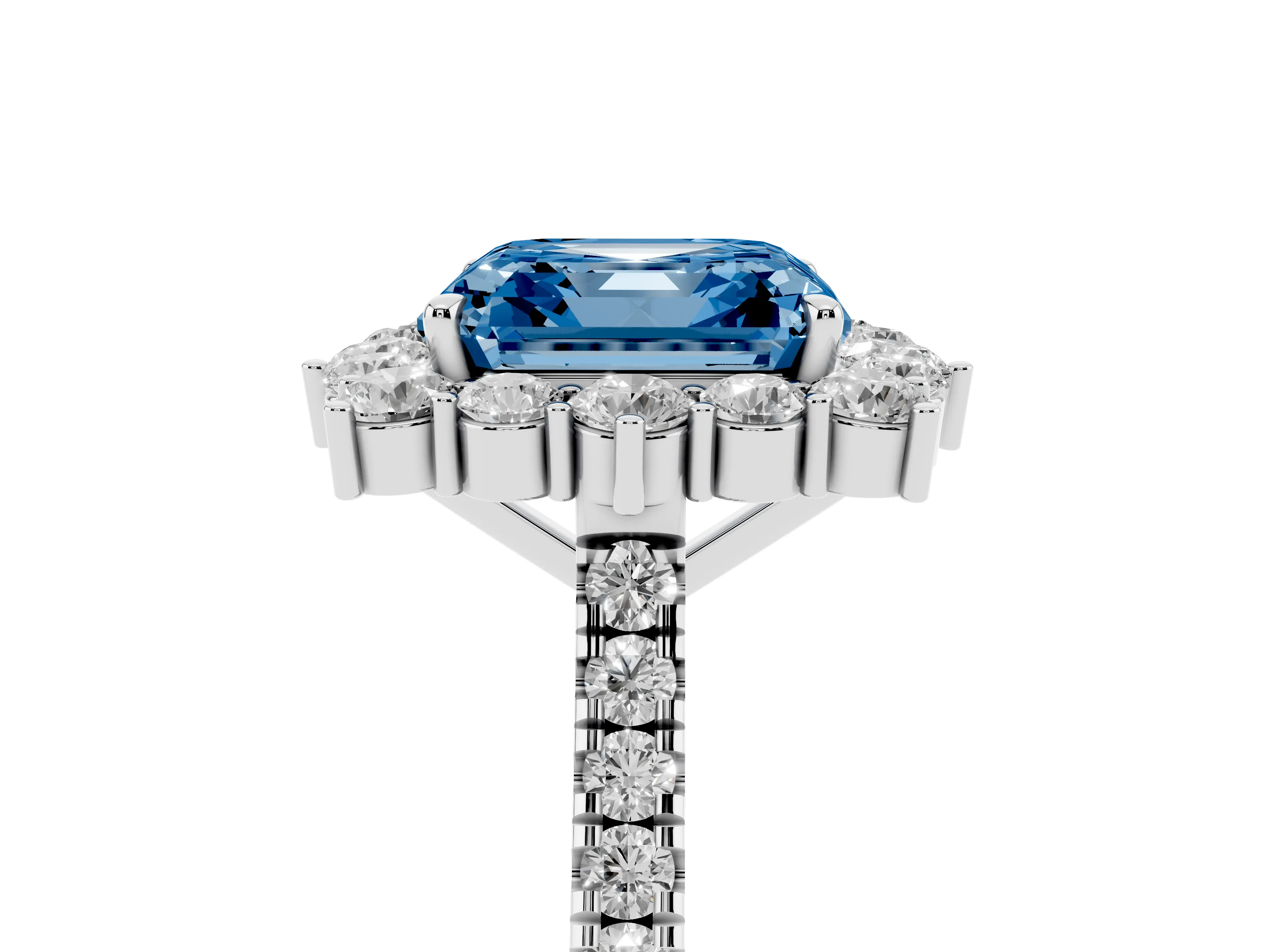 Fancy Blue Asscher Cut Diamond Halo Ring Set in Silver with Pavé Band and Prong Setting