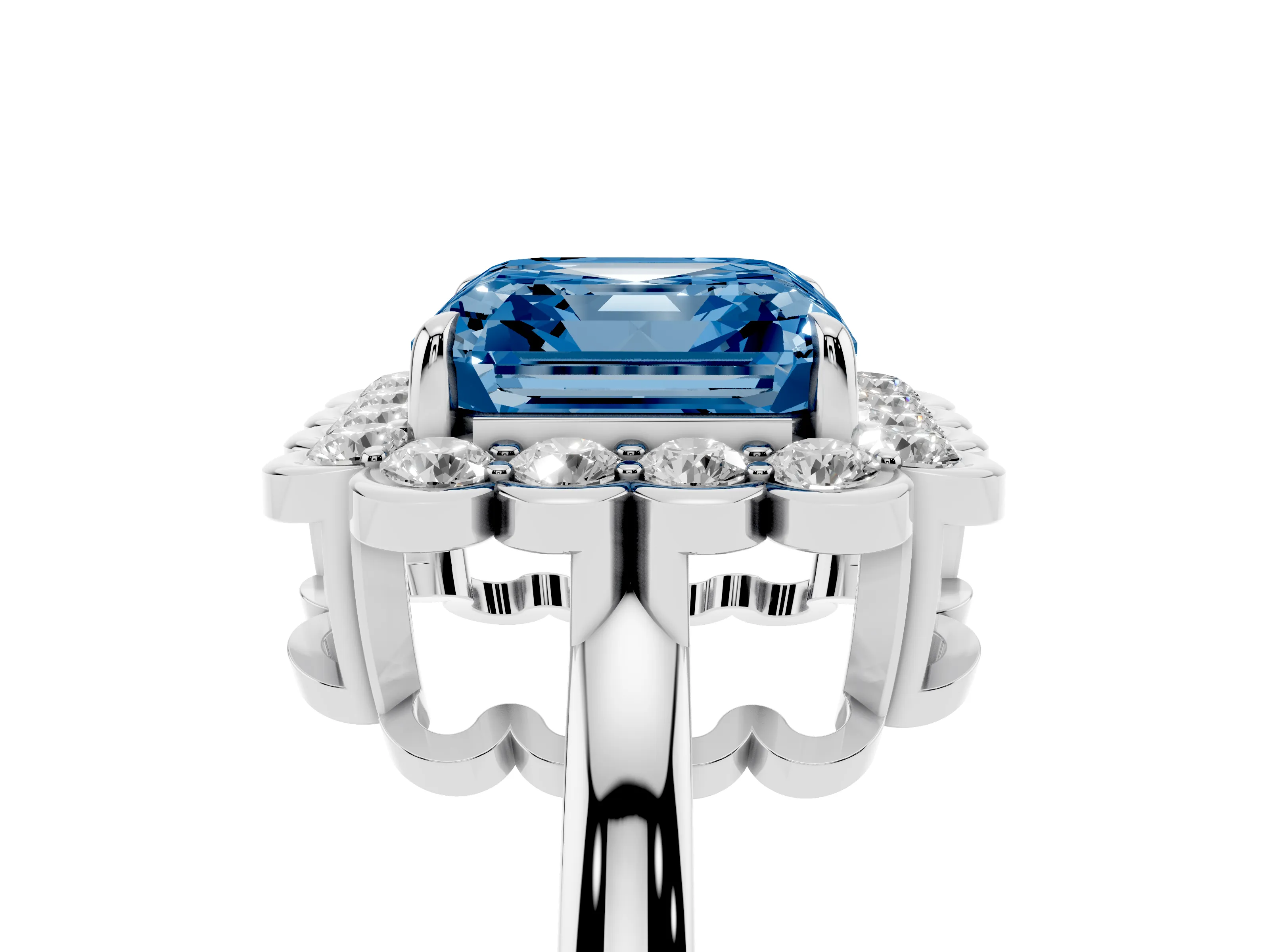 Fancy Blue Asscher Cut Diamond Halo Cluster Engagement Ring Set in White gold with Solitaire Band and Prong Setting
