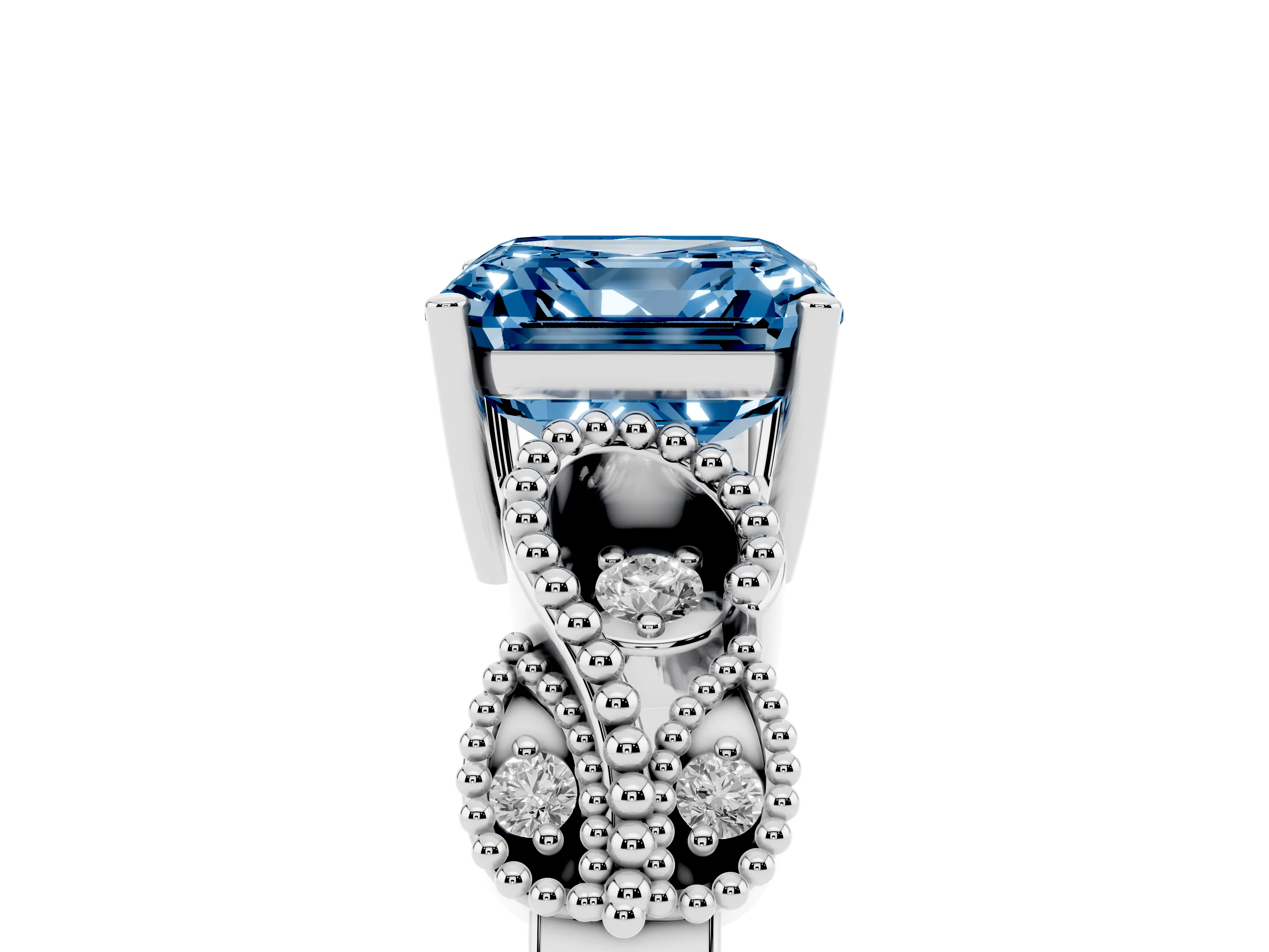 Fancy Blue Asscher Cut Diamond Milgrain Leaf Band Solitaire Ring Set in White gold with Accent Stones and Prong Setting