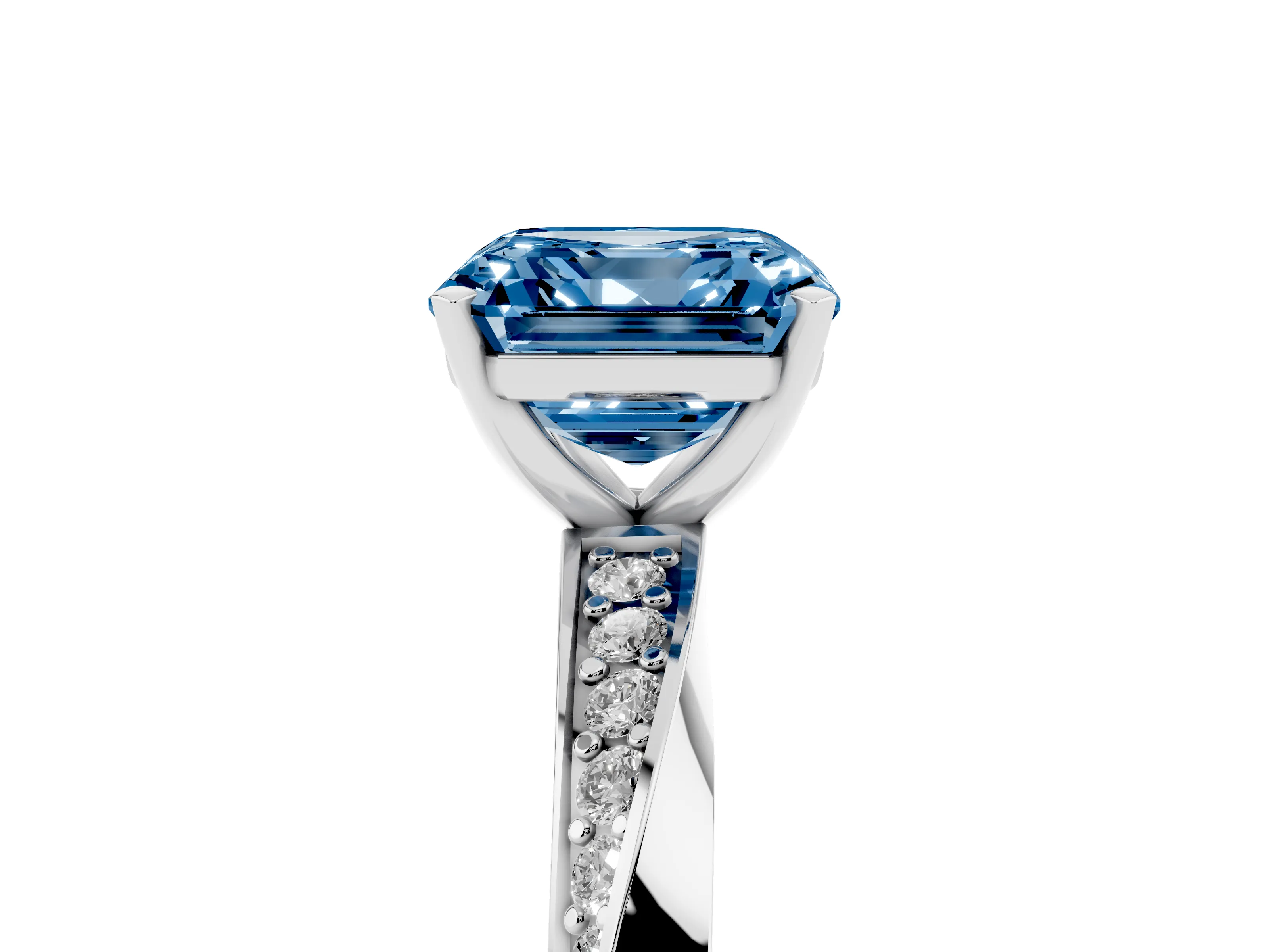 Fancy Blue Asscher Cut Diamond Engagement Ring Set in White gold with Side Stone Accents and Prong Setting