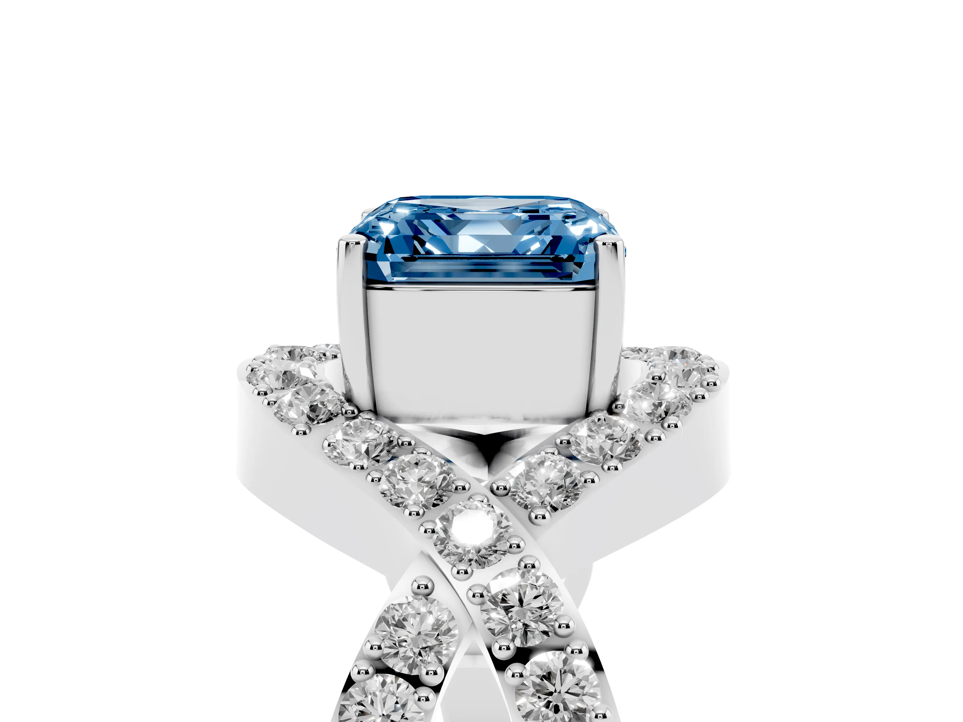 Fancy Blue Asscher Cut Diamond Solitaire Twist Band Pavé Engagement Ring Set in Platinum