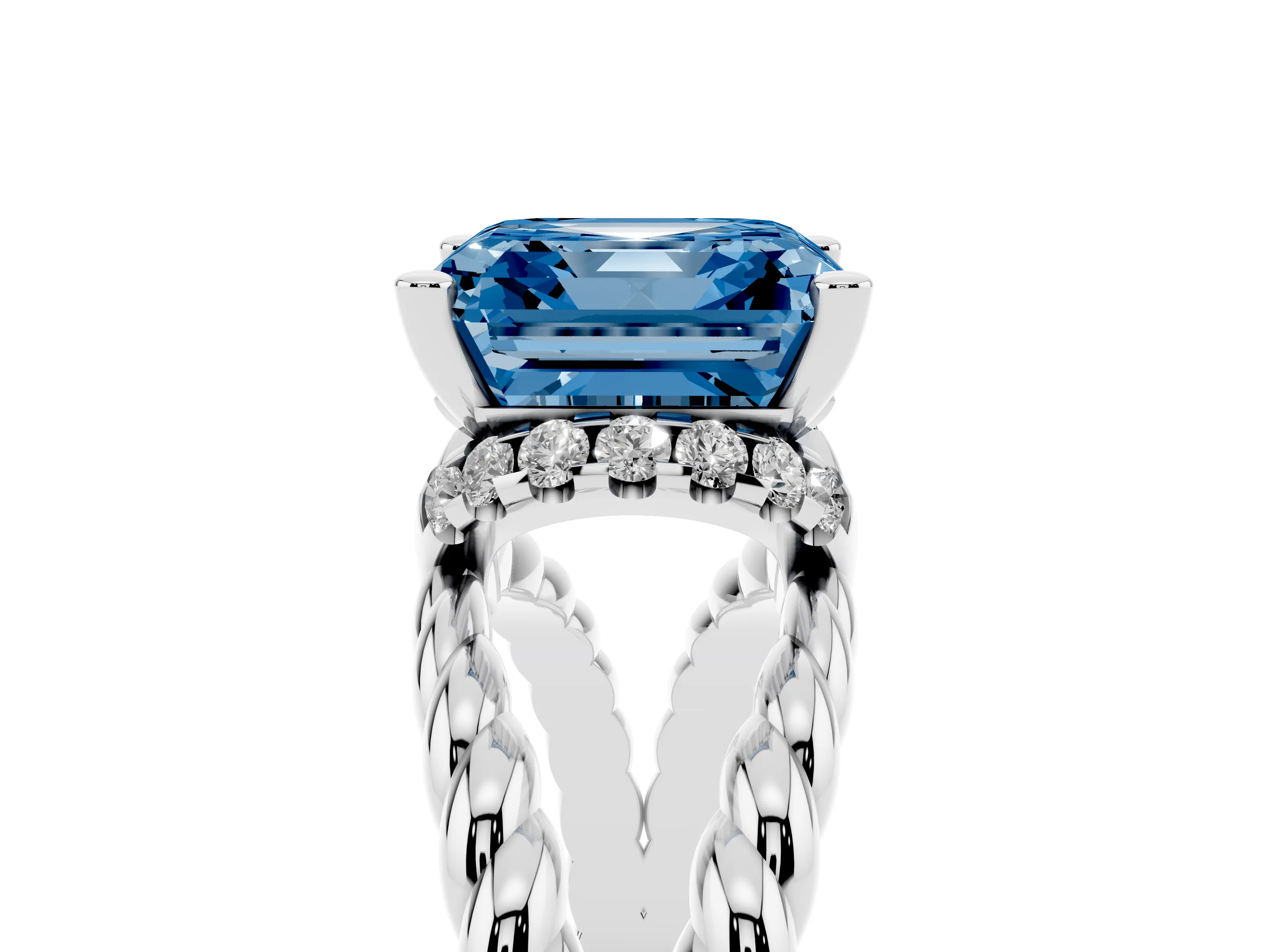 Fancy Blue Asscher Cut Diamond Halo Ring Set in White gold with Twisted Band and Prong Setting