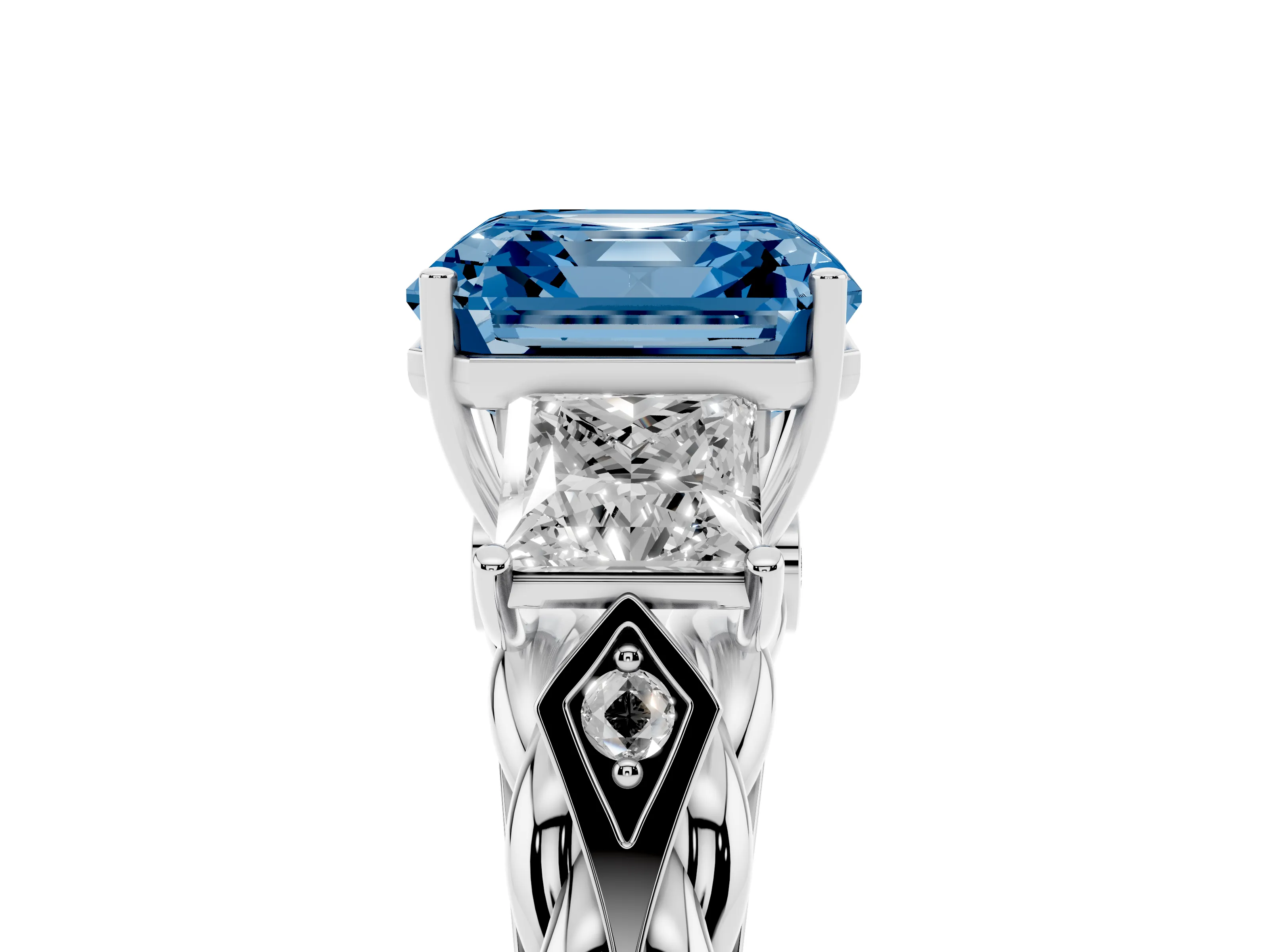 Fancy Blue Asscher Cut Diamond Three-Stone Ring Set in White gold with Braided Band