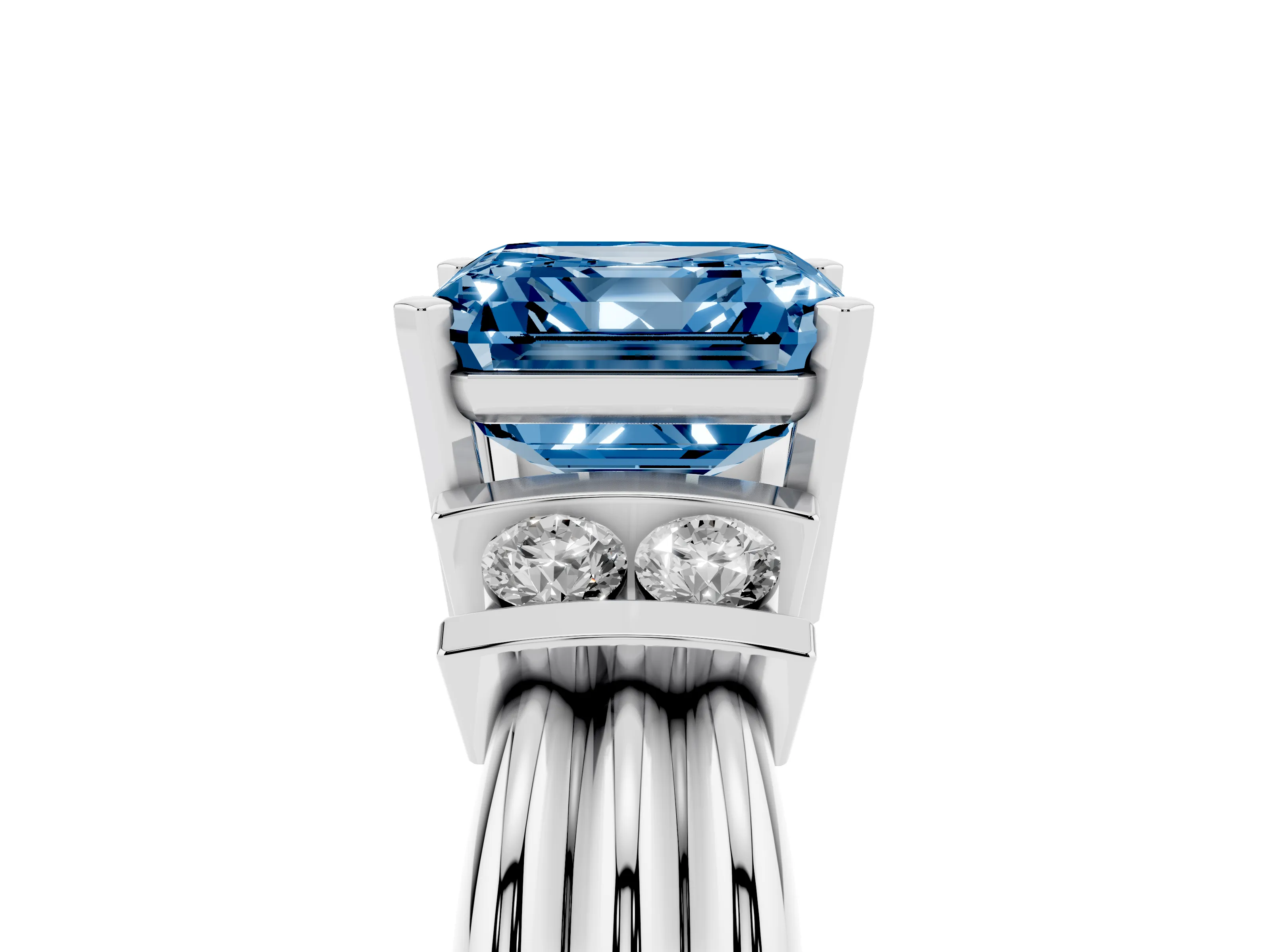 Fancy Blue Three-Stone Asscher Cut Diamond Channel Set Ring Set in White gold with Bar Prongs
