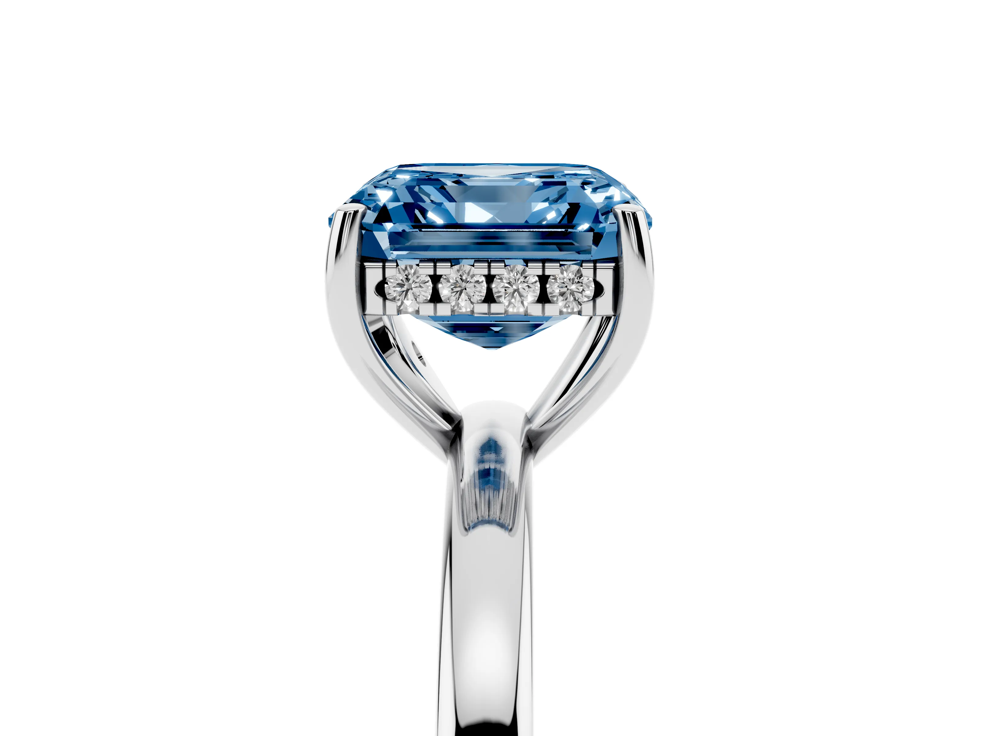 Fancy Blue Asscher Cut Diamond Solitaire Ring Set in Platinum with Plain Band and Prong Setting