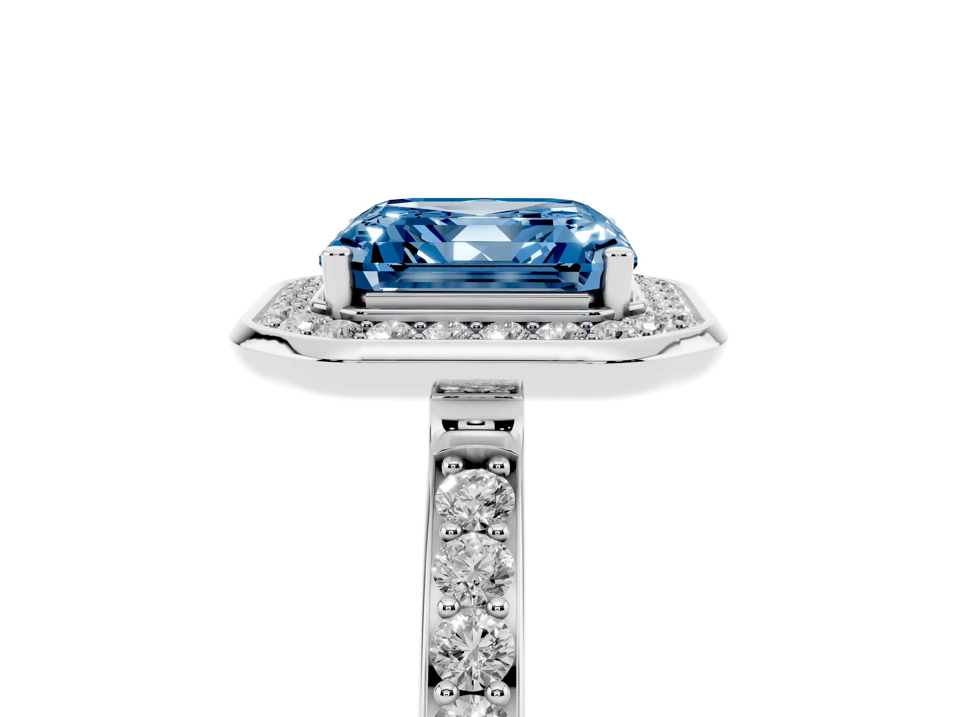 Fancy Blue Asscher Cut Diamond Halo Ring Set in White gold with Bezel Frame and Pavé Band