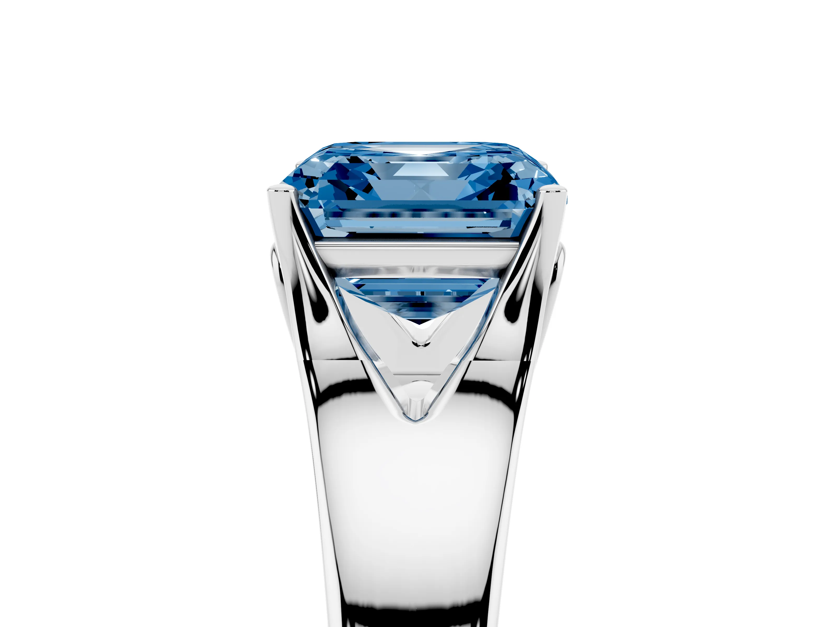 Fancy Blue Asscher Cut Diamond Solitaire Ring Set in Platinum with Arched Cathedral Band and Prong Setting
