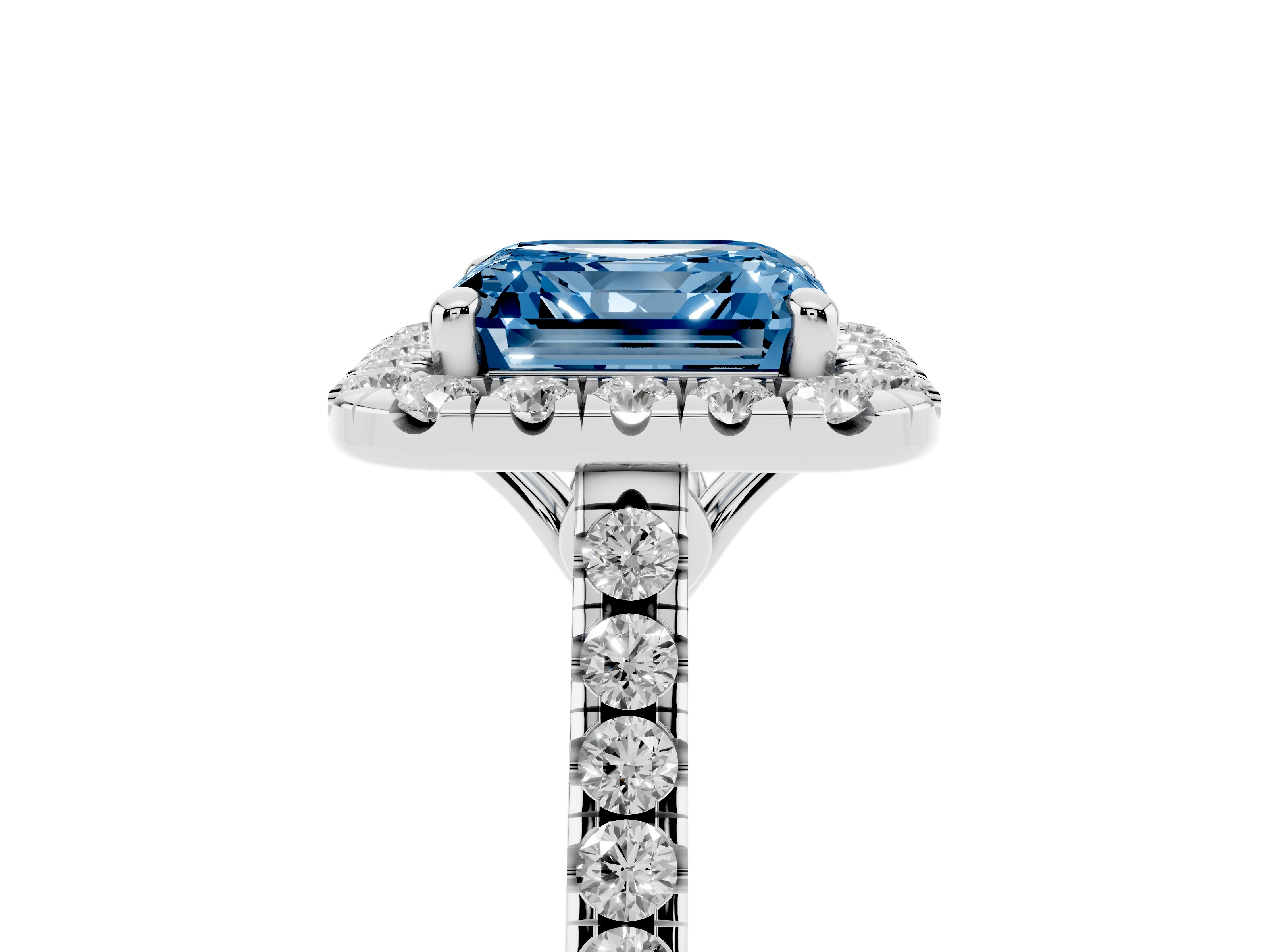 Fancy Blue Asscher Cut Diamond Pavé Halo Engagement Ring Set in White gold with Pavé Band and Prong Setting