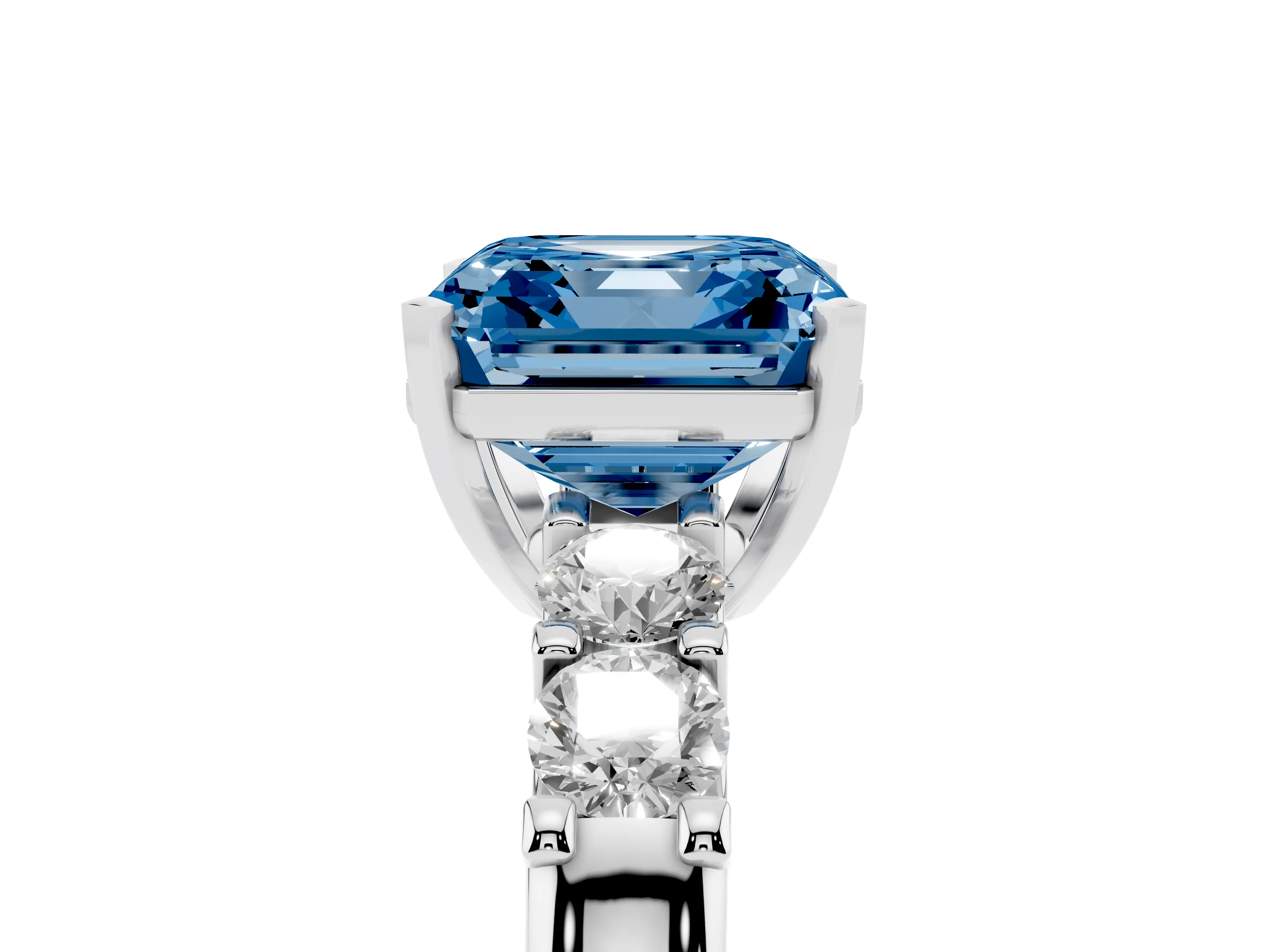 Fancy Blue Asscher Cut Diamond Five-Stone Prong Set Engagement Ring Set in Silver with Channel Band