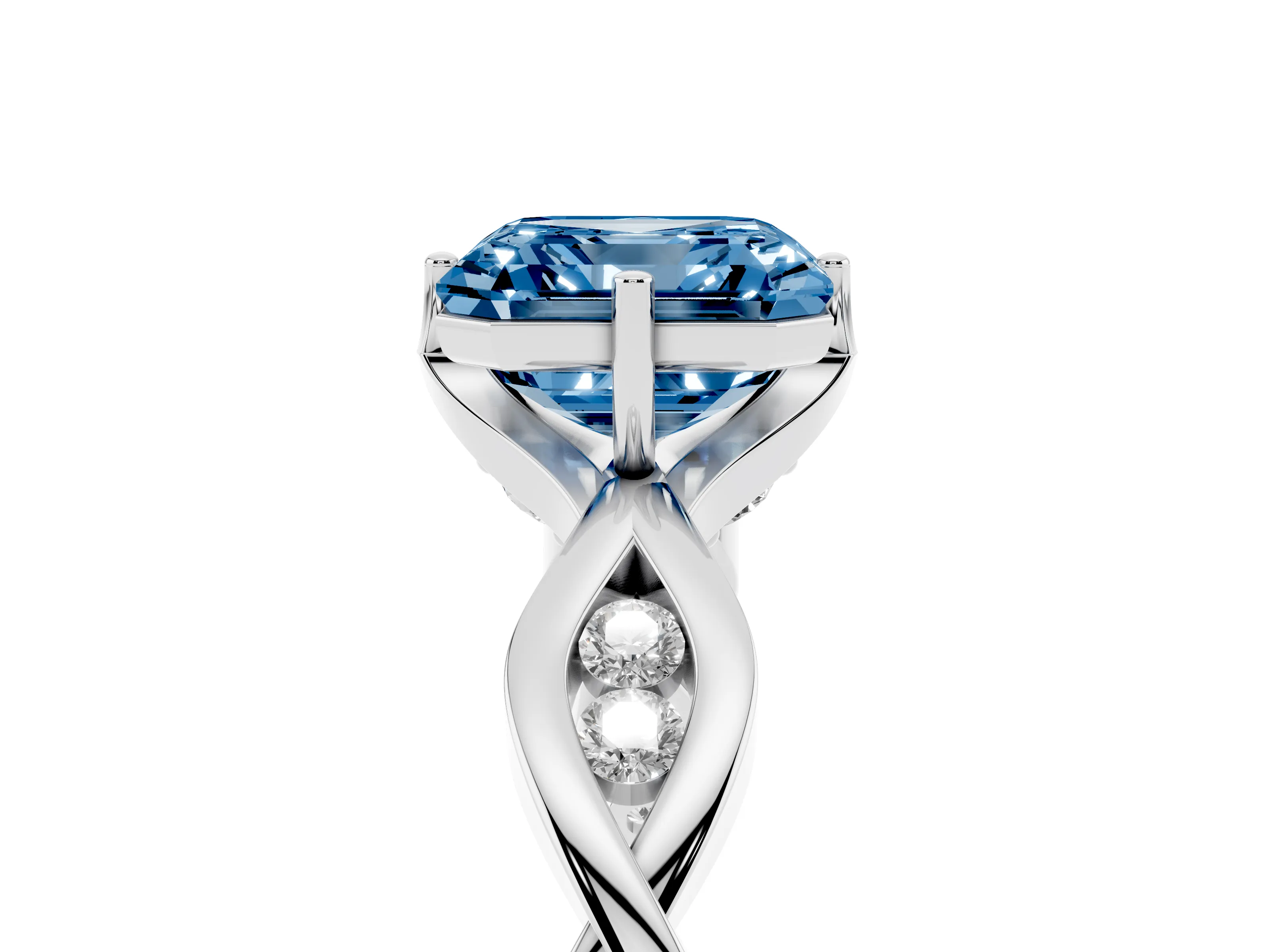 Fancy Blue Asscher Cut Diamond Twist Band Solitaire Ring Set in Platinum with Leaf Prong Setting and Accent Stones