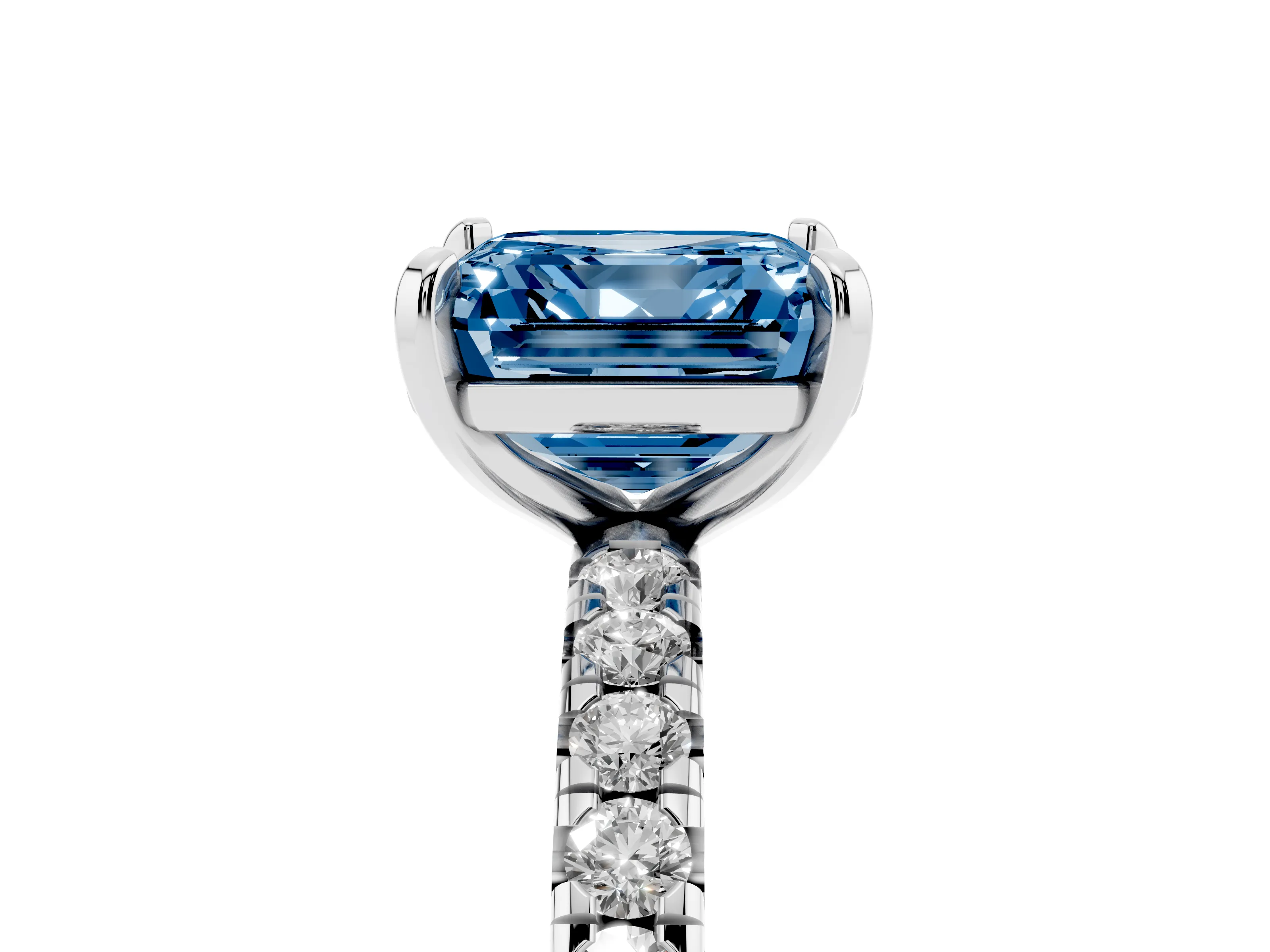 Fancy Blue Asscher Cut Diamond Pavé Solitaire Ring Set in Silver with Round Band and Prong Setting