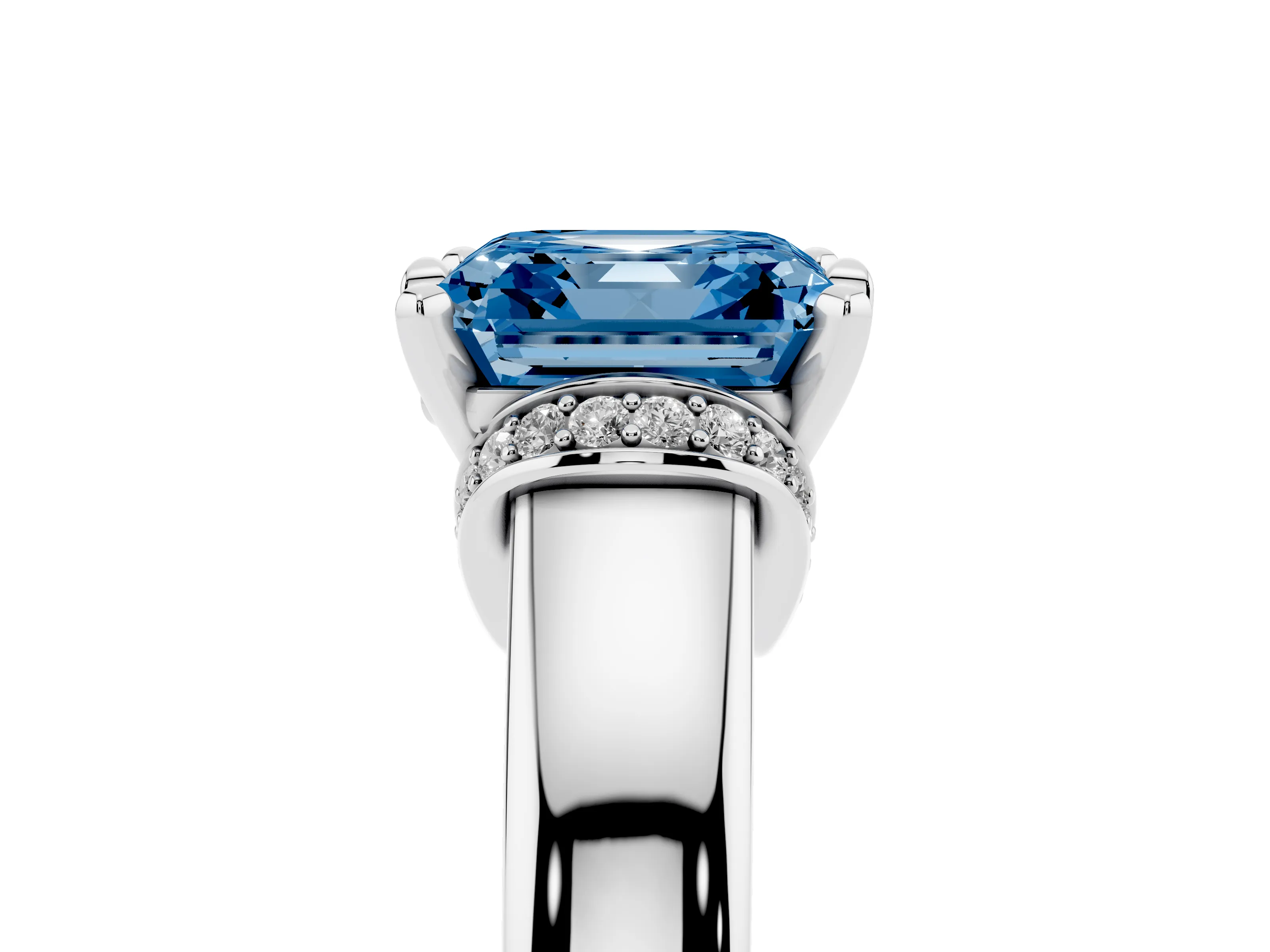 Fancy Blue Asscher Cut Diamond Pavé Band Solitaire Ring Set in Silver with Prong Setting