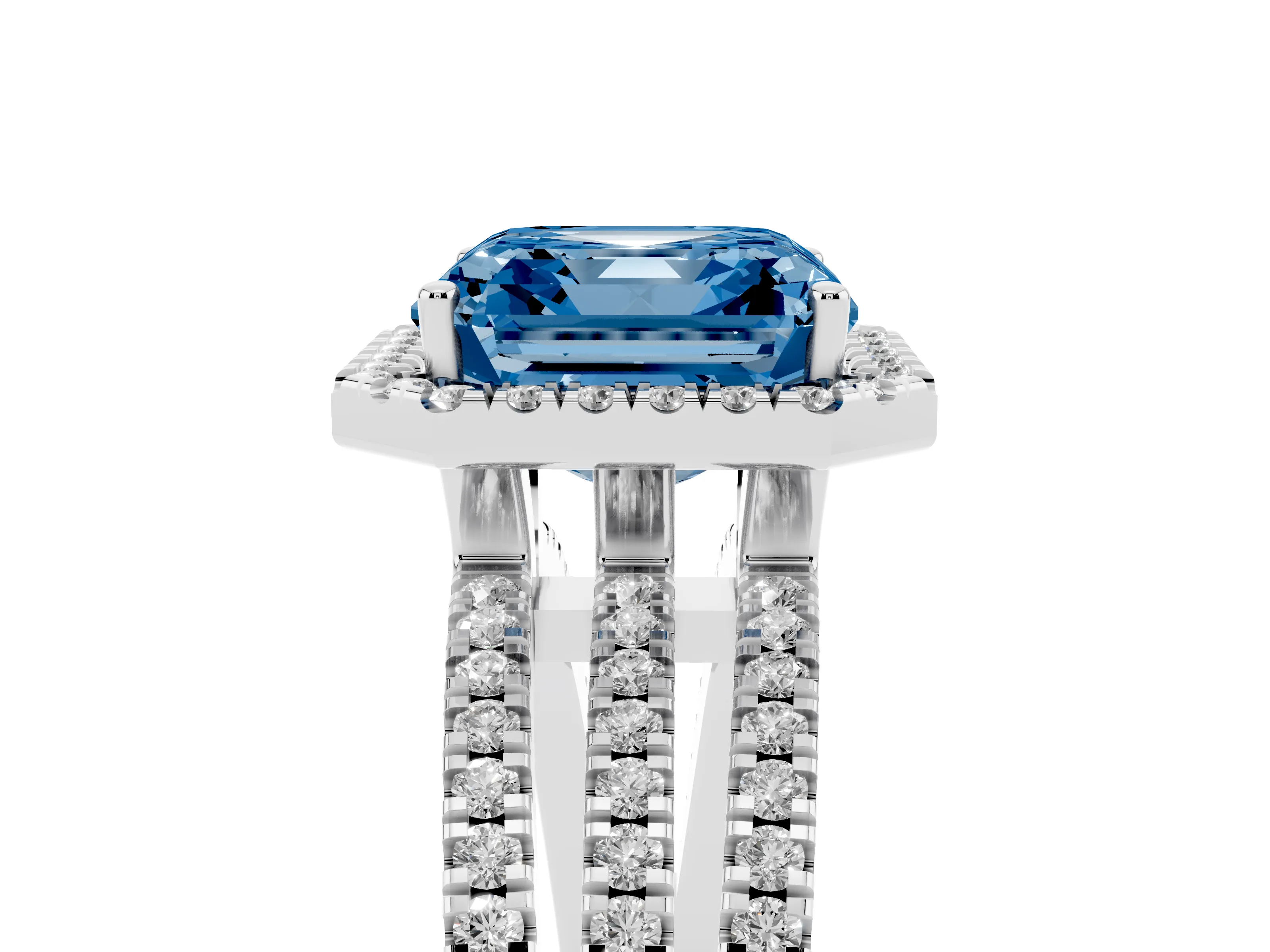 Fancy Blue Asscher Cut Diamond Halo Split Shank Engagement Ring Set in Silver with Prong Setting
