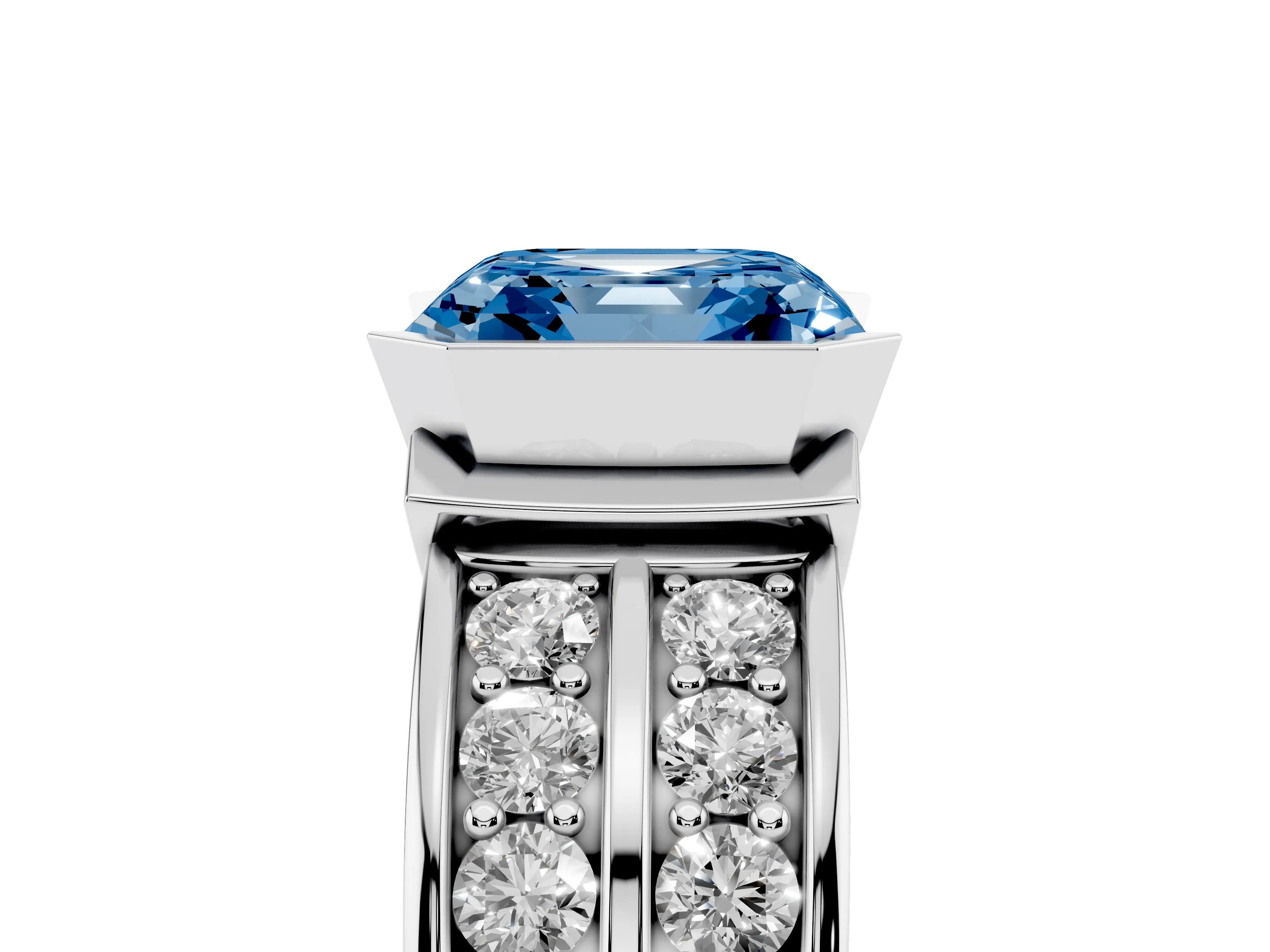 Fancy Blue Asscher Cut Diamond Wide Channel Set Band Ring Set in Silver with Bezel Setting