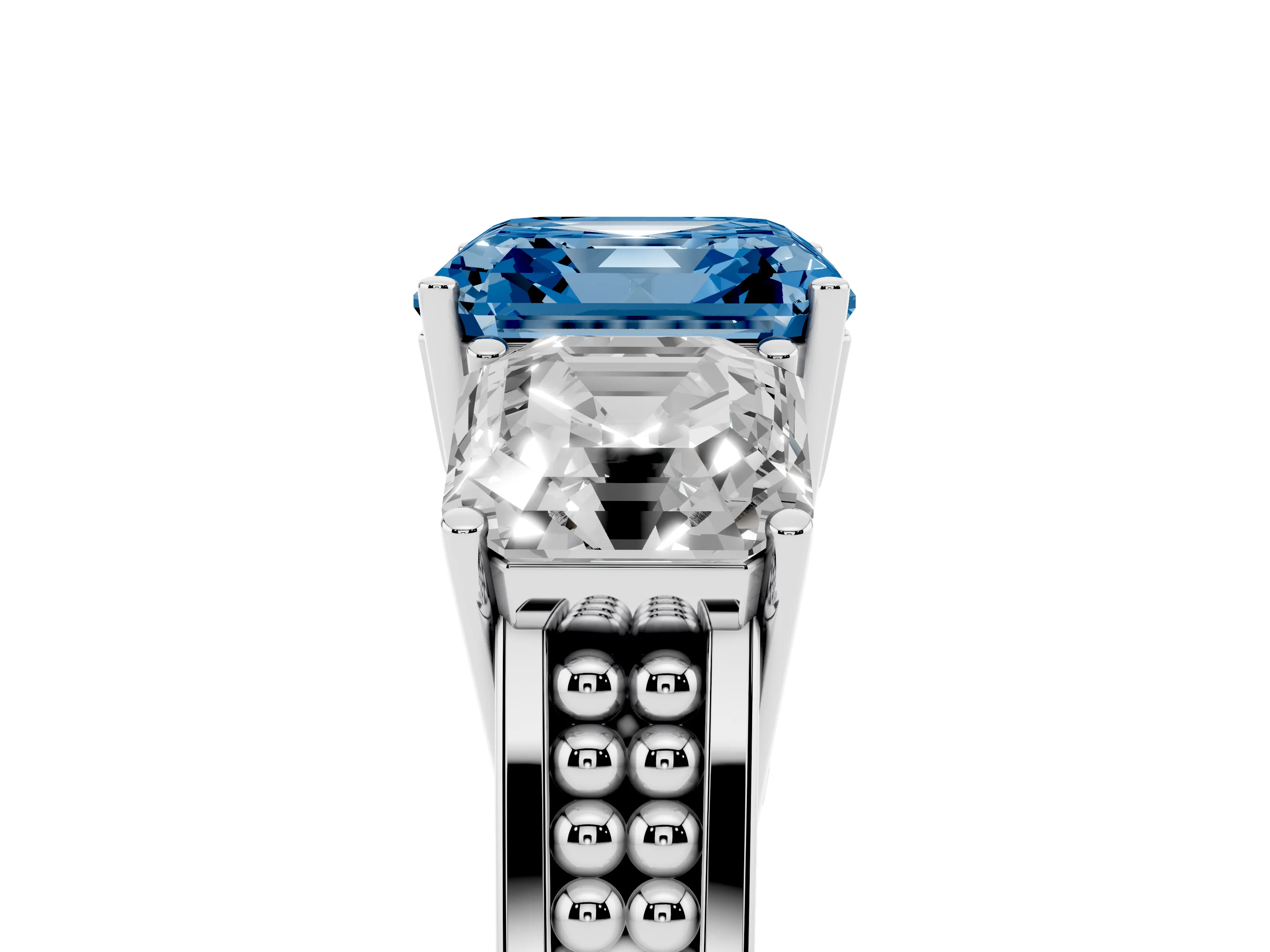 Fancy Blue Asscher Cut Diamond Three-Stone Ring Set in White gold with Textured Band