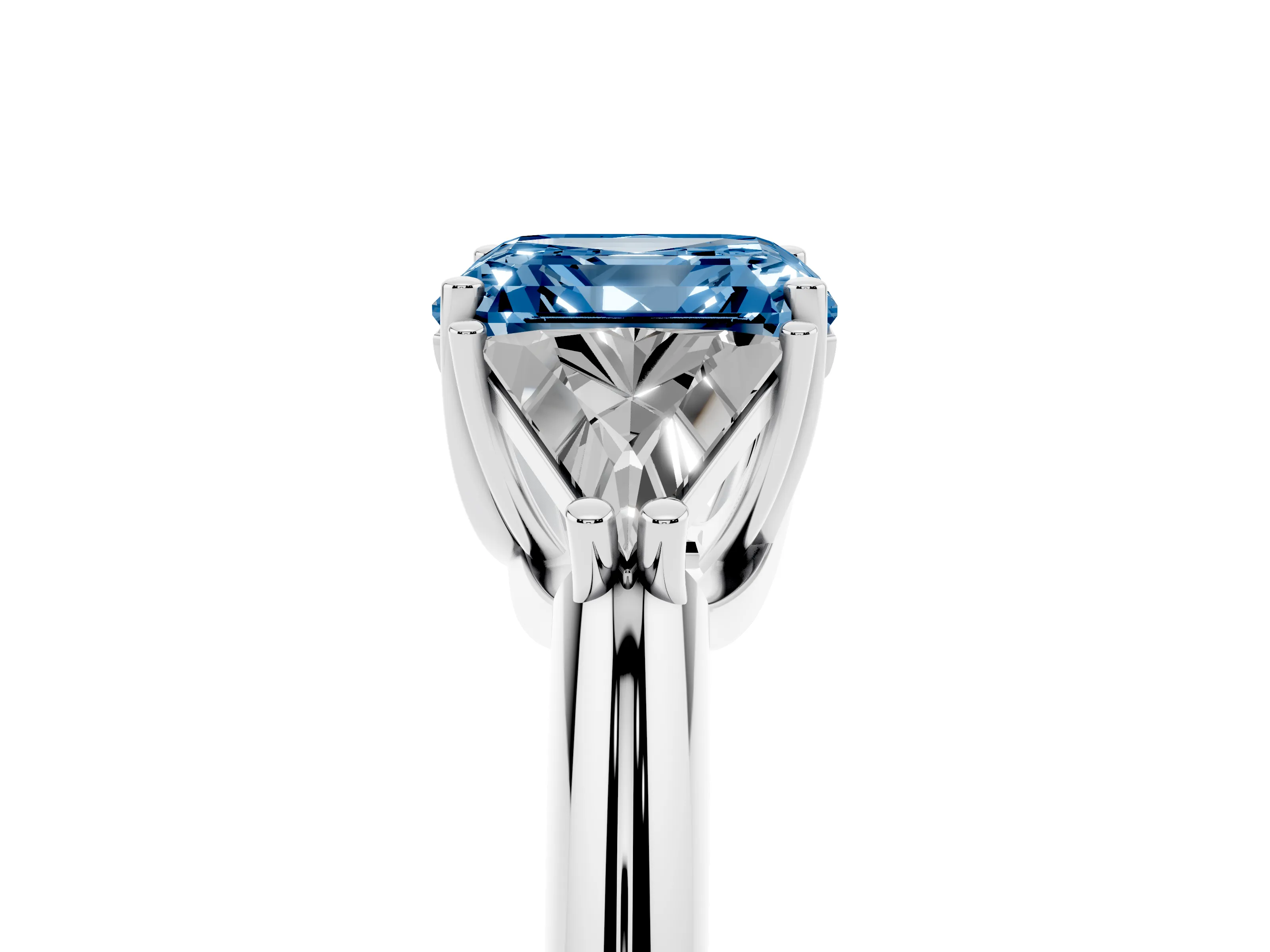 Fancy Blue Asscher Cut Diamond Three-Stone Engagement Ring Set in Silver with Trillion Side Stones