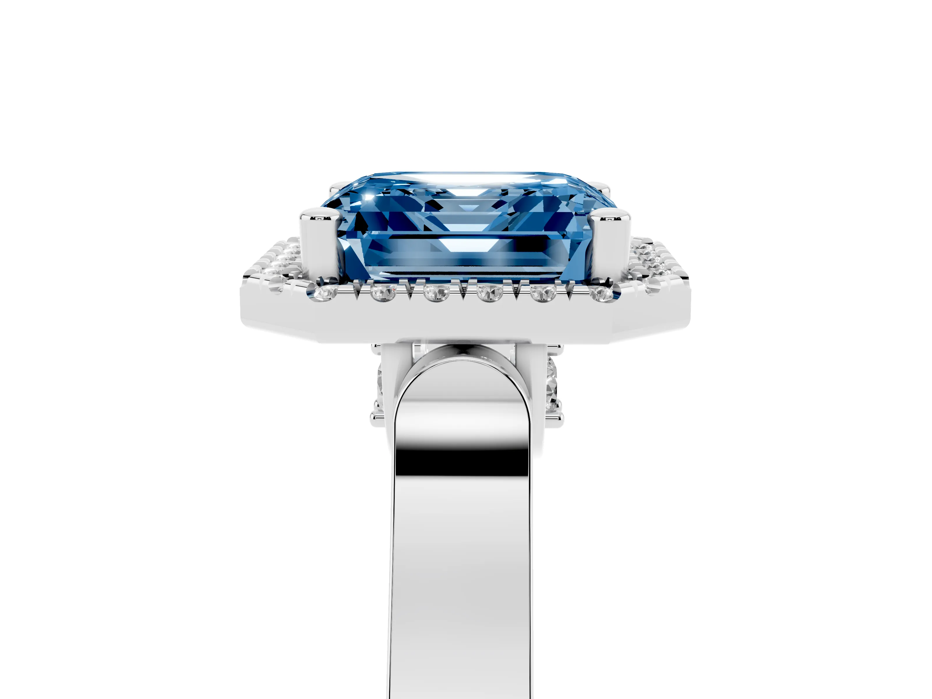 Fancy Blue Asscher Cut Diamond Halo Ring Set in Platinum with Pavé-Lined Split Shank Band