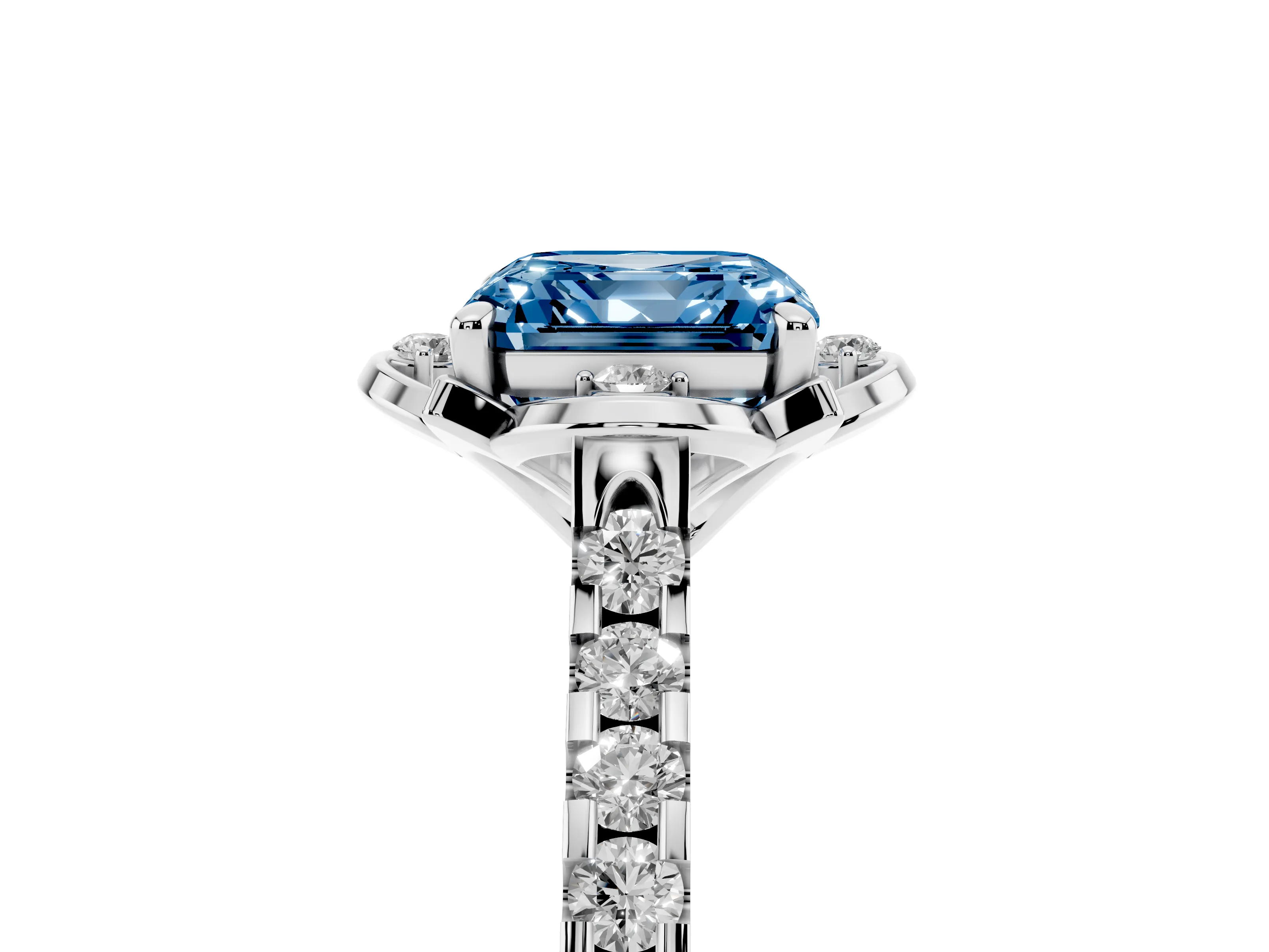 Fancy Blue Asscher Cut Diamond Solitaire Ring Set in Platinum with Pavé Band and Floral Prong Setting