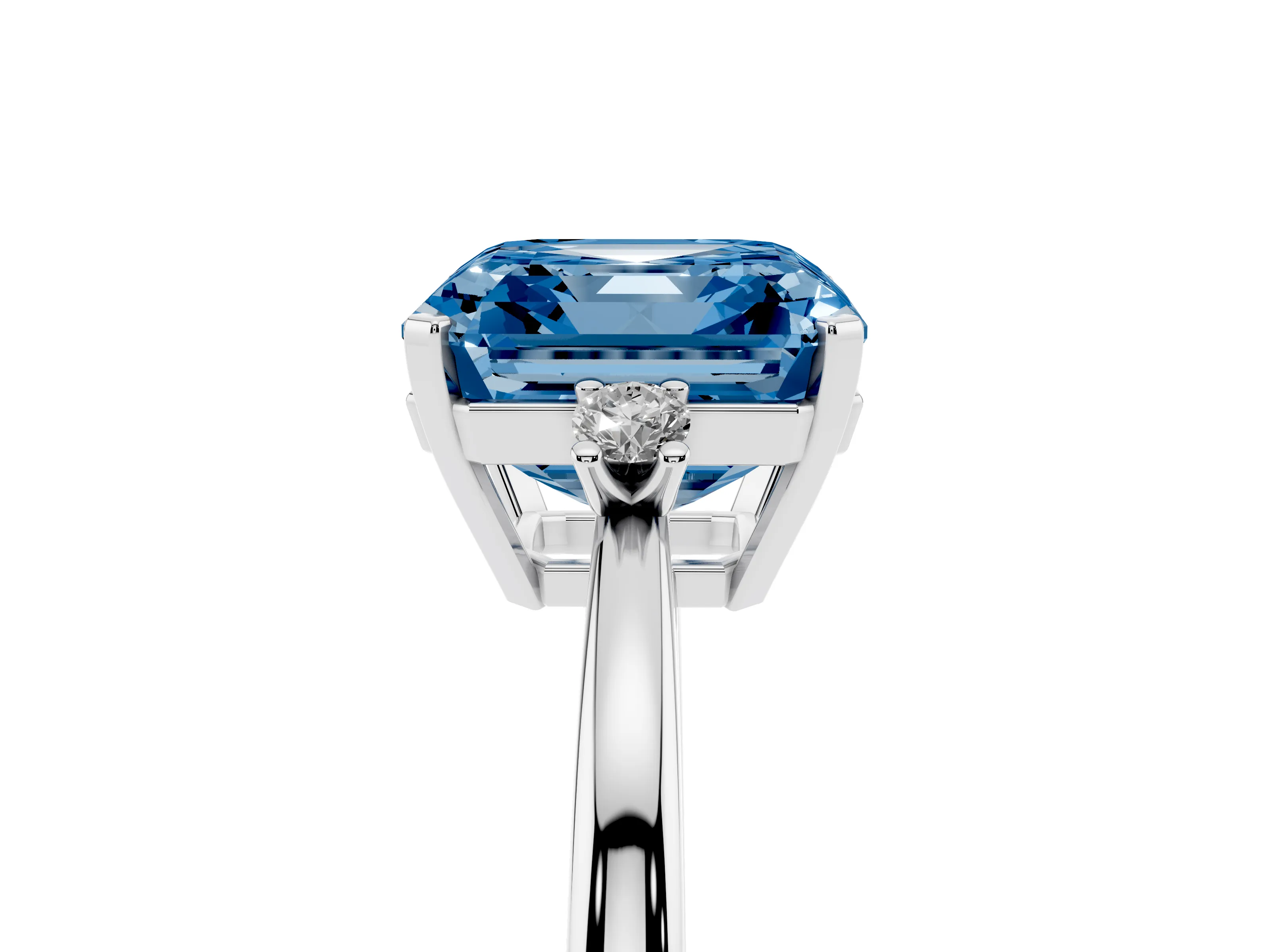 Fancy Blue Three-Stone Asscher Cut Diamond Solitaire Ring Set in Platinum with Round Accent Stones and Prong Setting