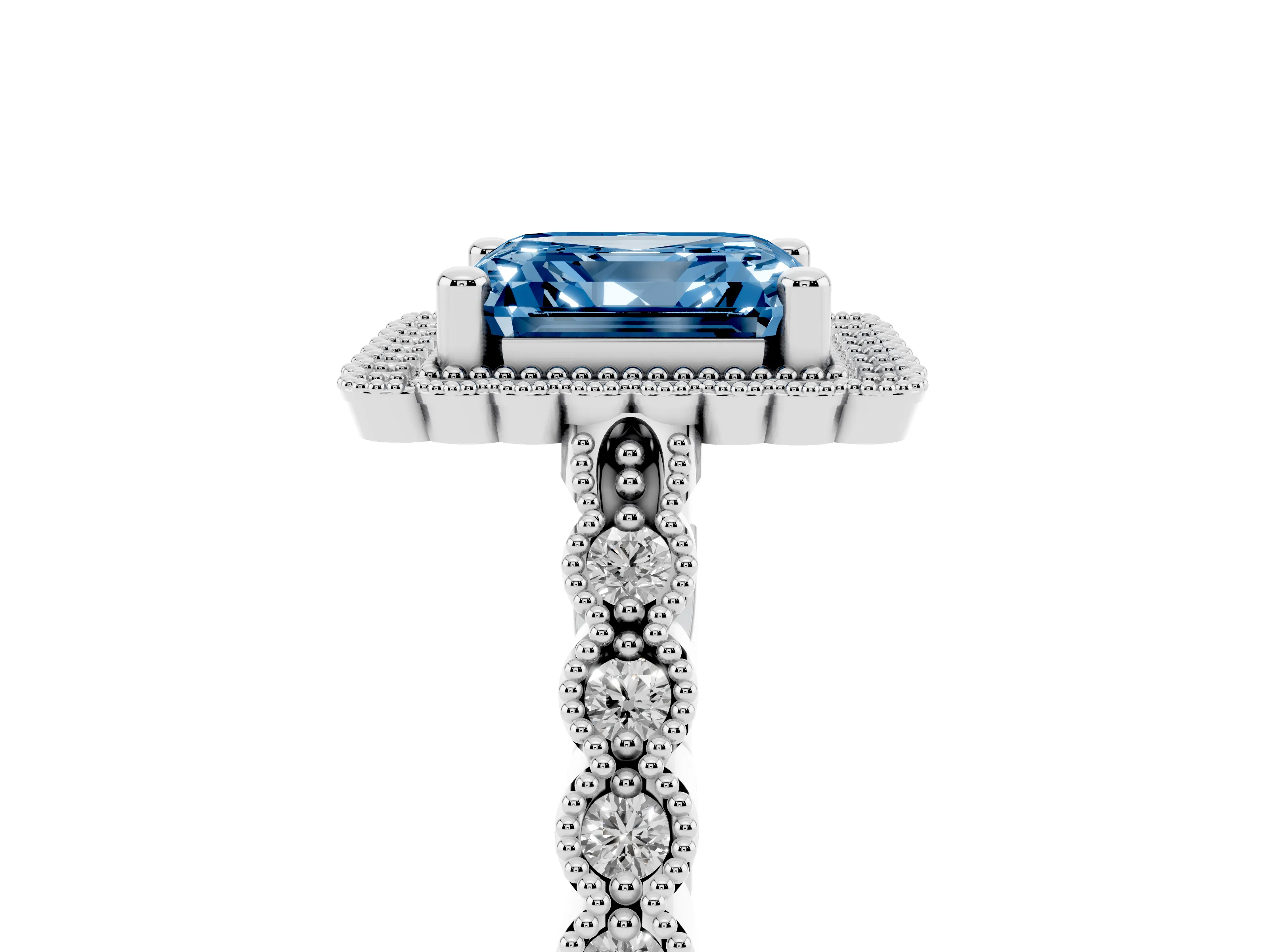 Fancy Blue Asscher Cut Diamond Halo Ring Set in Platinum with Pavé Milgrain Band