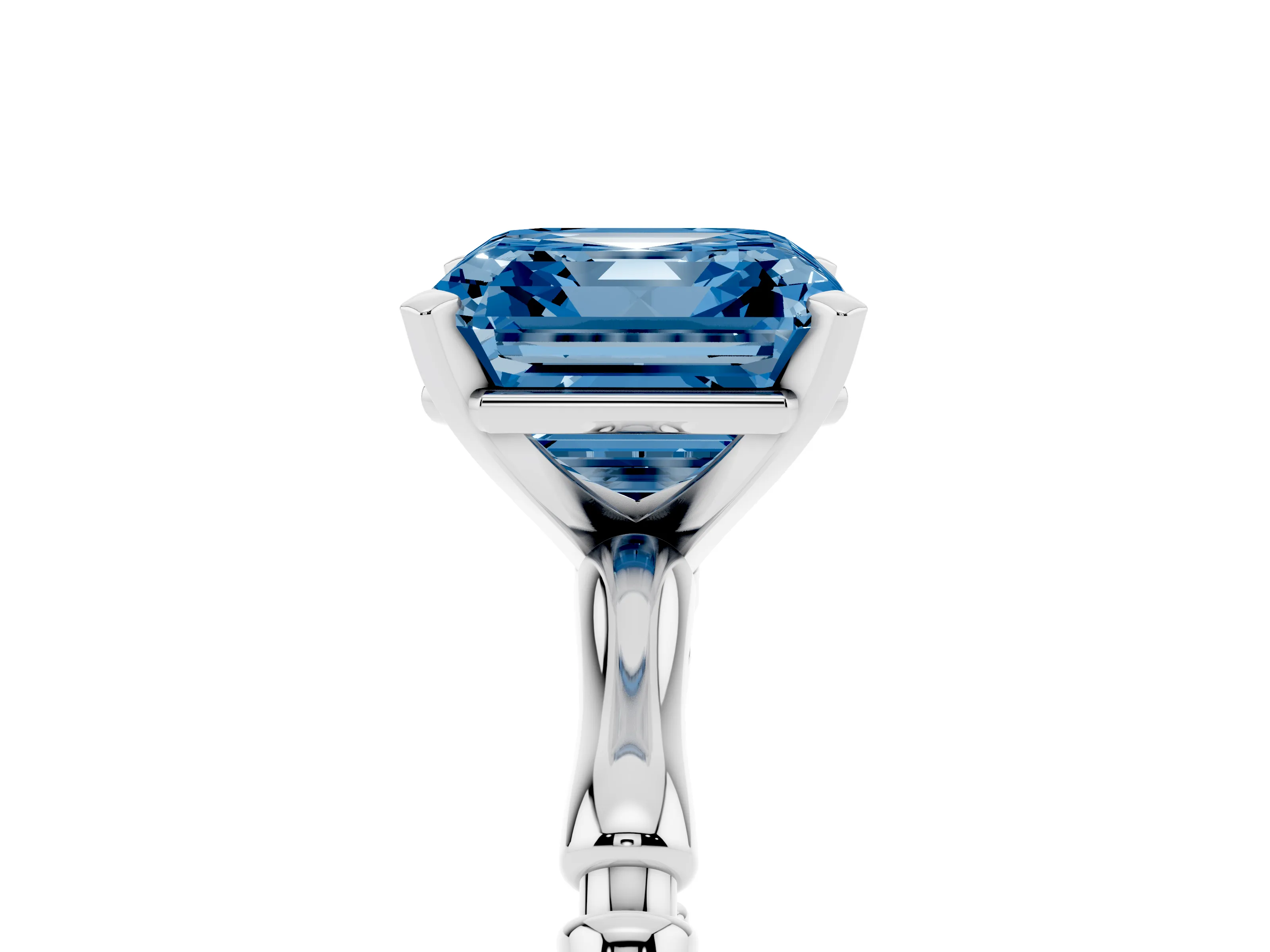Fancy Blue Asscher Cut Diamond Solitaire Ring Set in Silver with Bamboo Band and Prong Setting