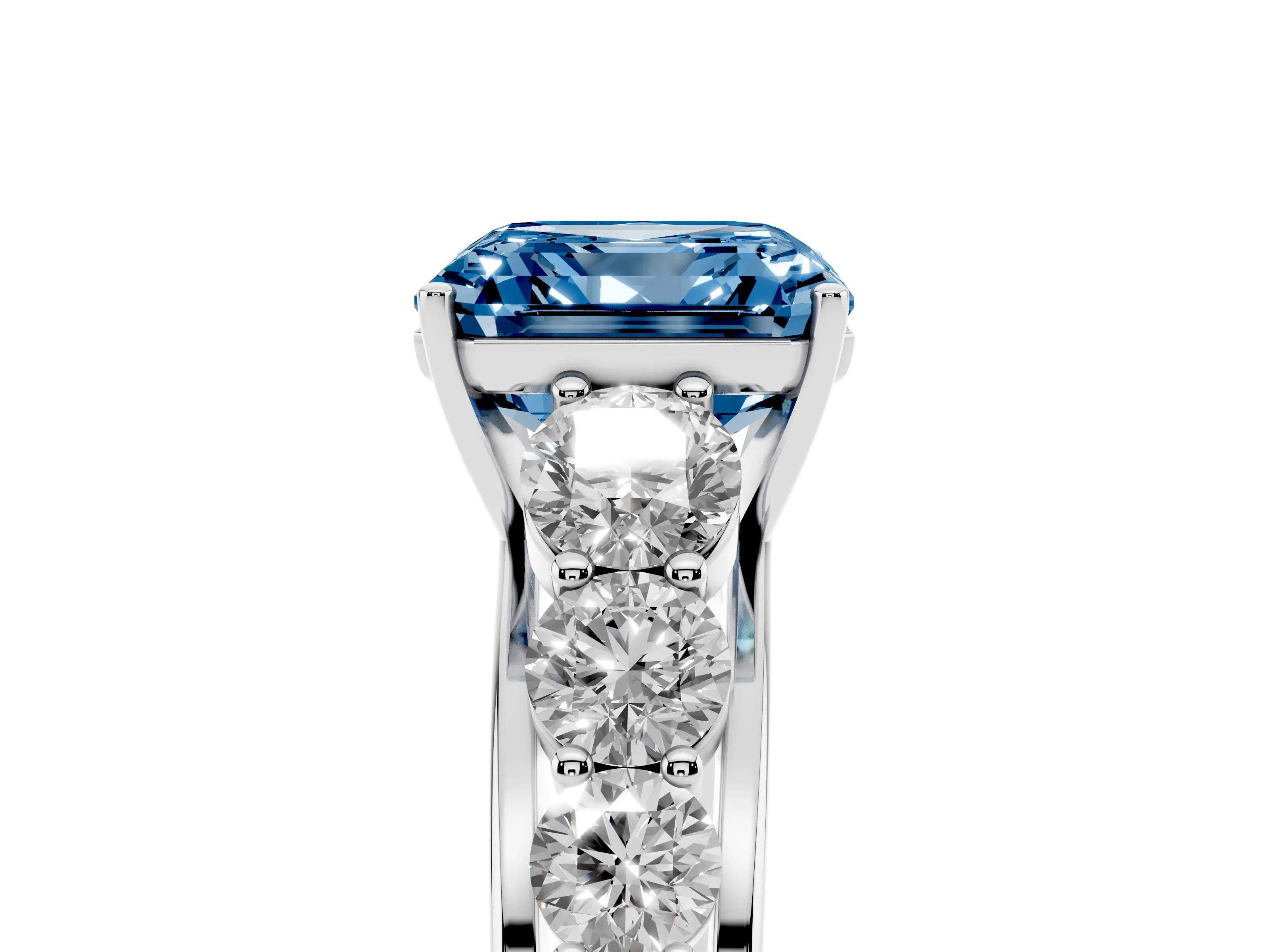 Fancy Blue Asscher Cut Diamond Solitaire Ring Set in Platinum with Pavé-Set Band and Prong Setting