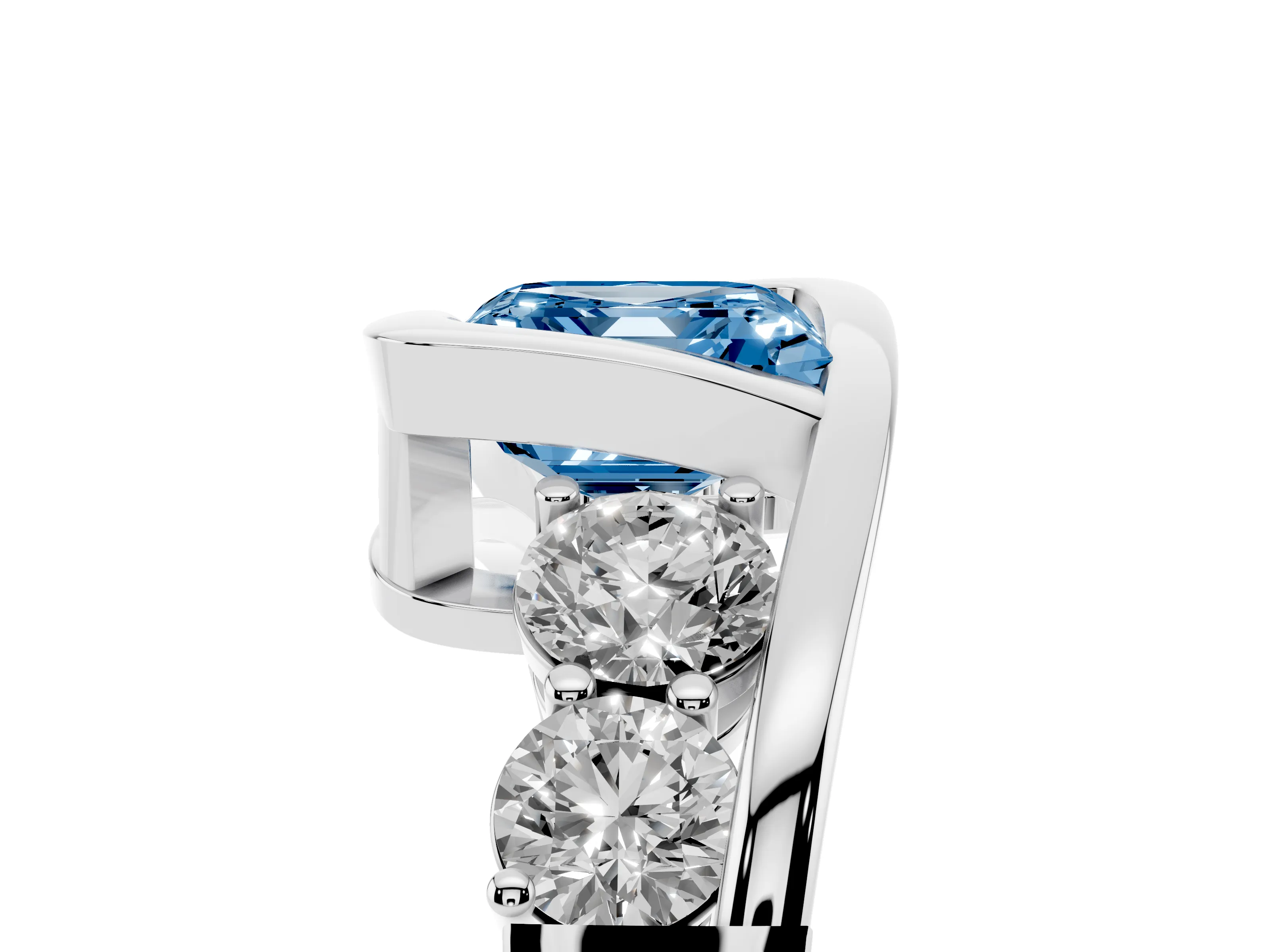 Fancy Blue Asscher Cut Diamond Bezel Bypass Ring Set in Silver with Round Accents
