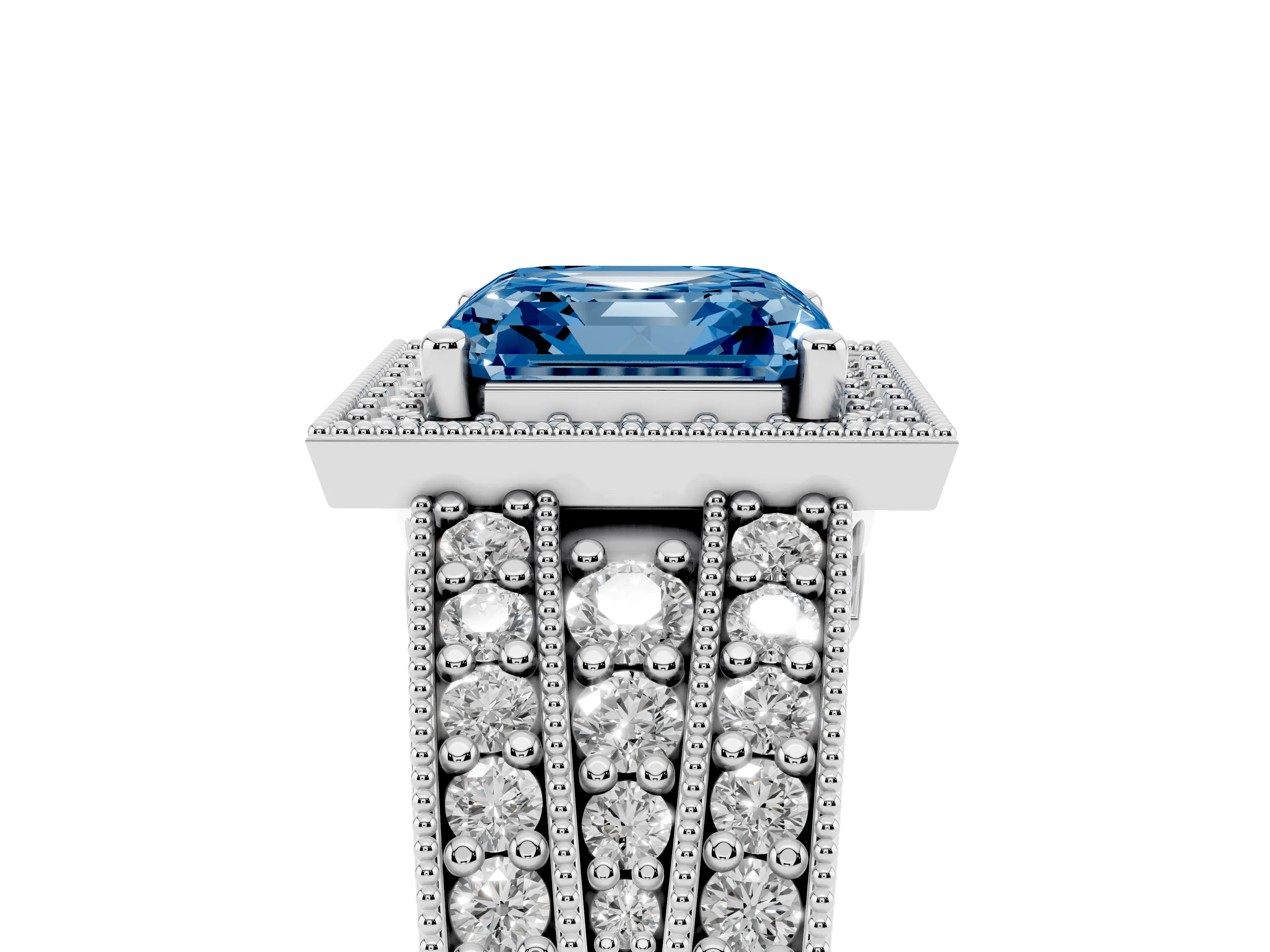 Fancy Blue Asscher Cut Diamond Halo Ring Set in Silver with Accent Split Shank and Prong Setting