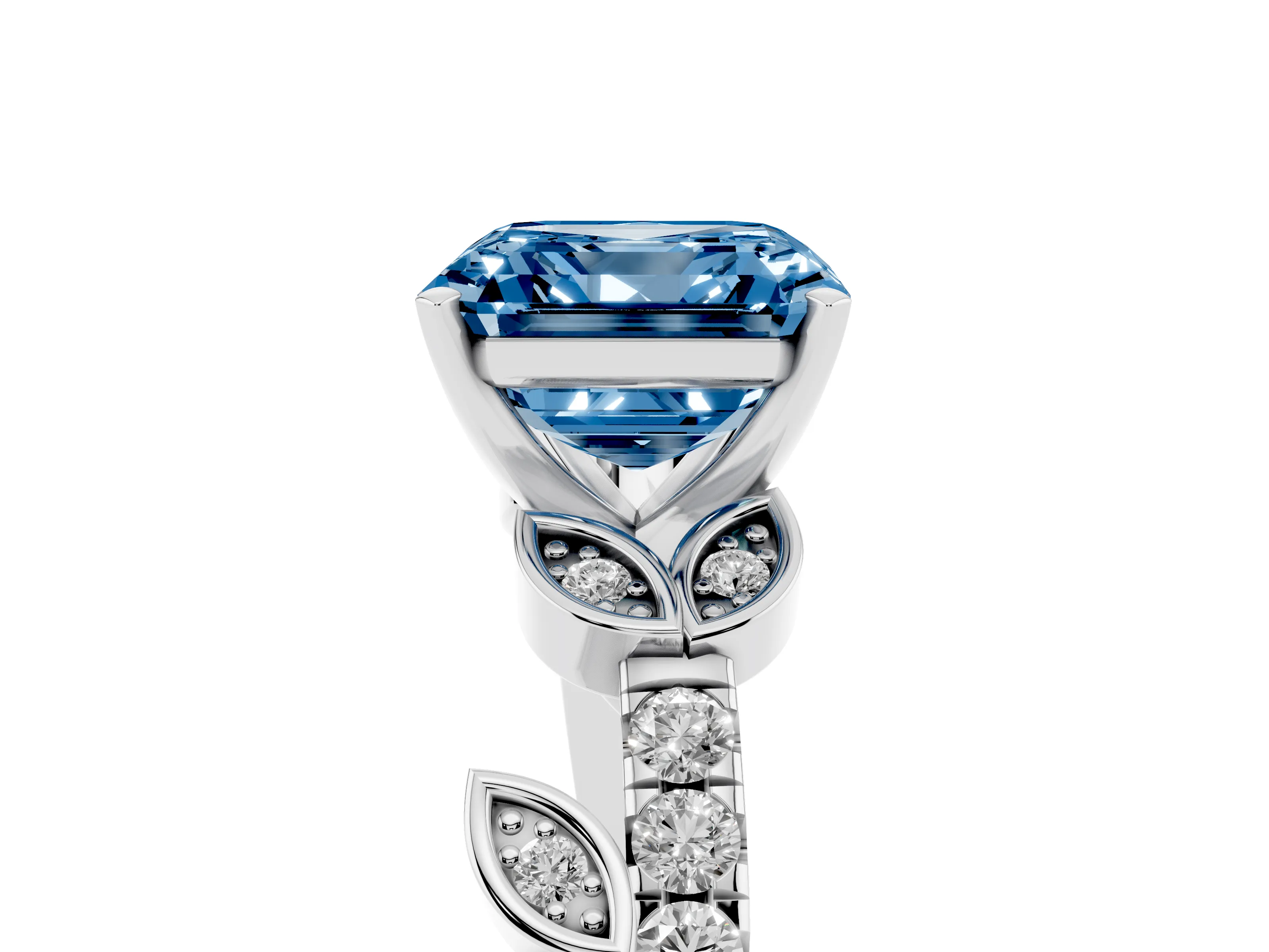 Fancy Blue Asscher Cut Diamond Solitaire Leaf-Inspired Ring Set in White gold with Pavé Band and Prong Setting