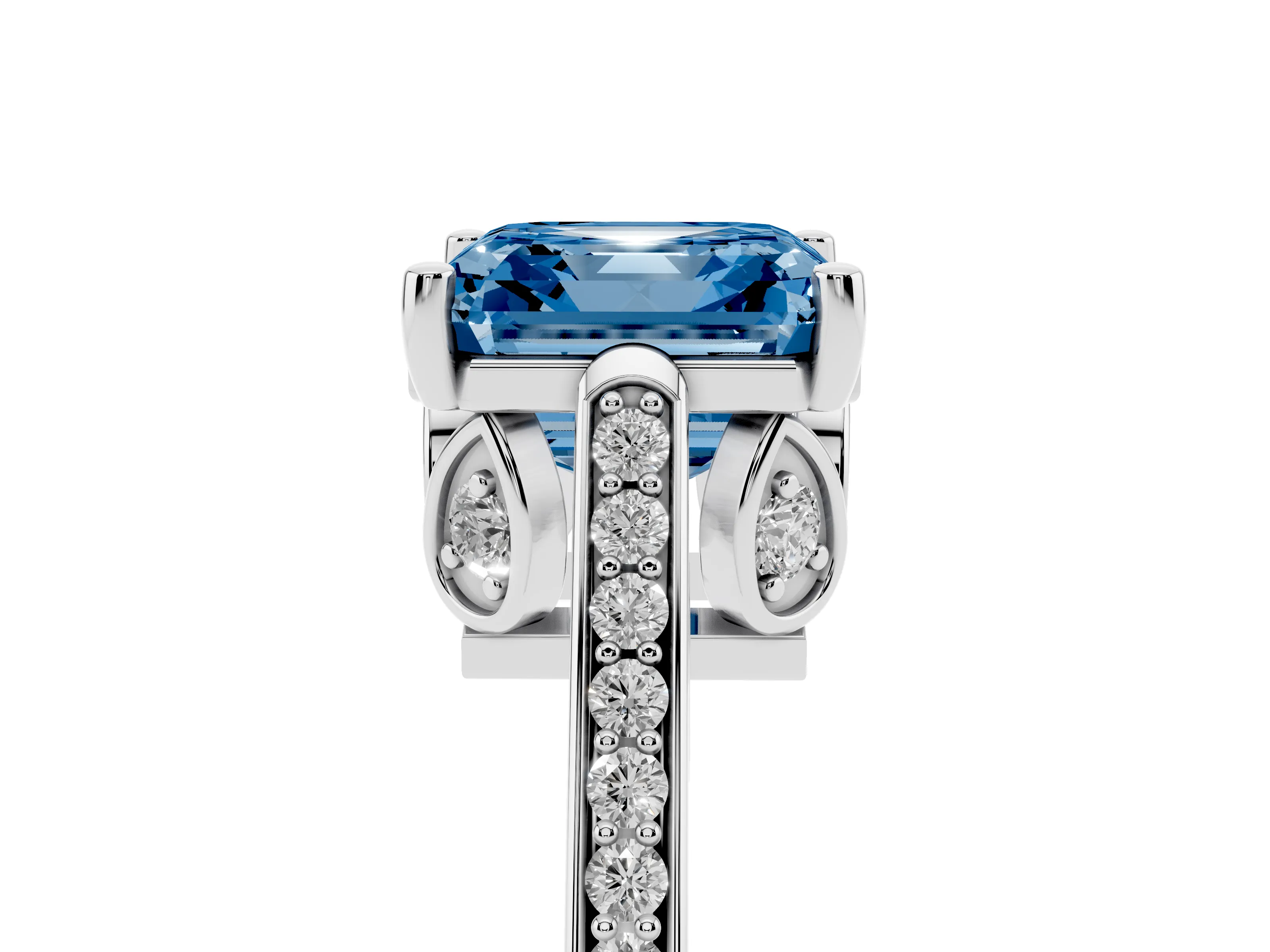 Fancy Blue Asscher Cut Diamond Cathedral Pavé Engagement Ring Set in Silver with Prong Setting