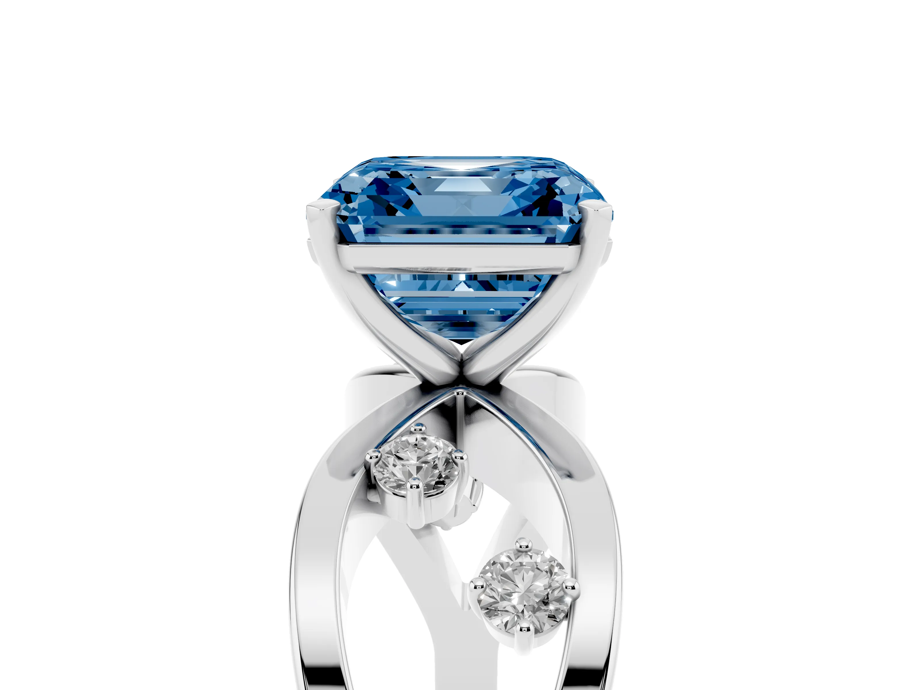 Fancy Blue Asscher Cut Diamond Solitaire Ring Set in White gold with Side Stones on Criss-Cross Band and Prong Setting