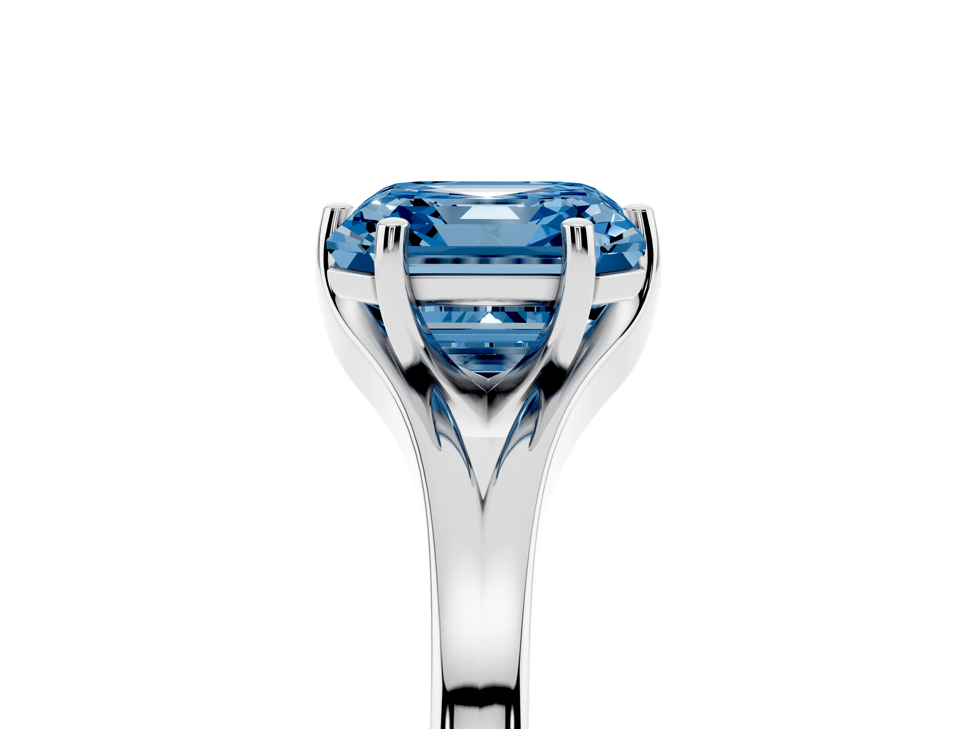 Fancy Blue Asscher Cut Diamond Solitaire Ring Set in Silver with Polished Tapered Band and Prong Setting