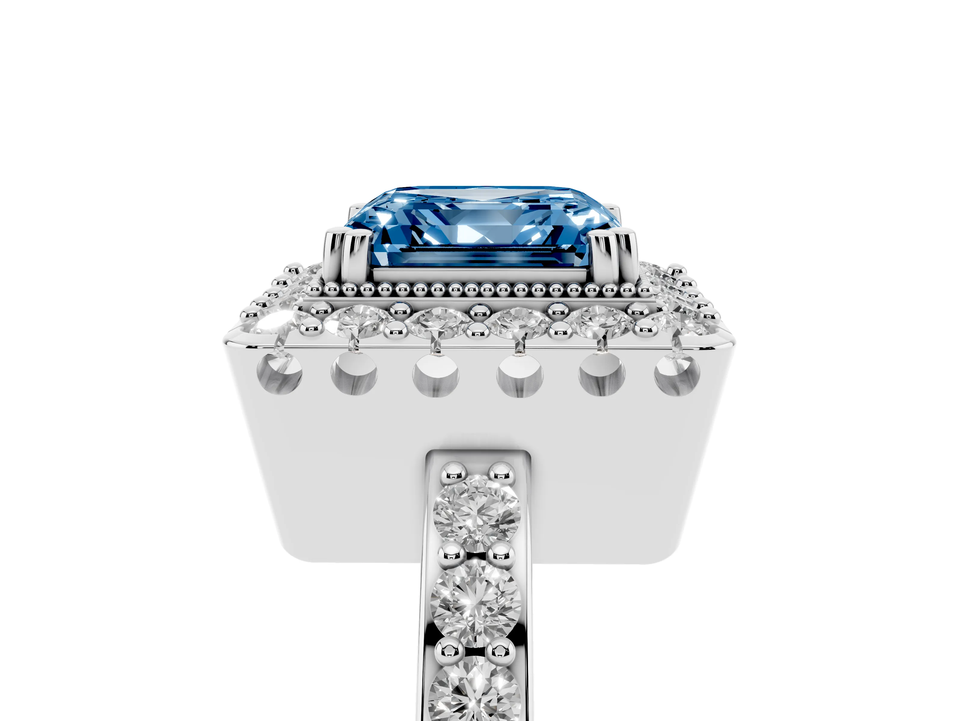 Fancy Blue Asscher Cut Diamond Halo Ring Set in Platinum with Pavé Shank and Prong Setting