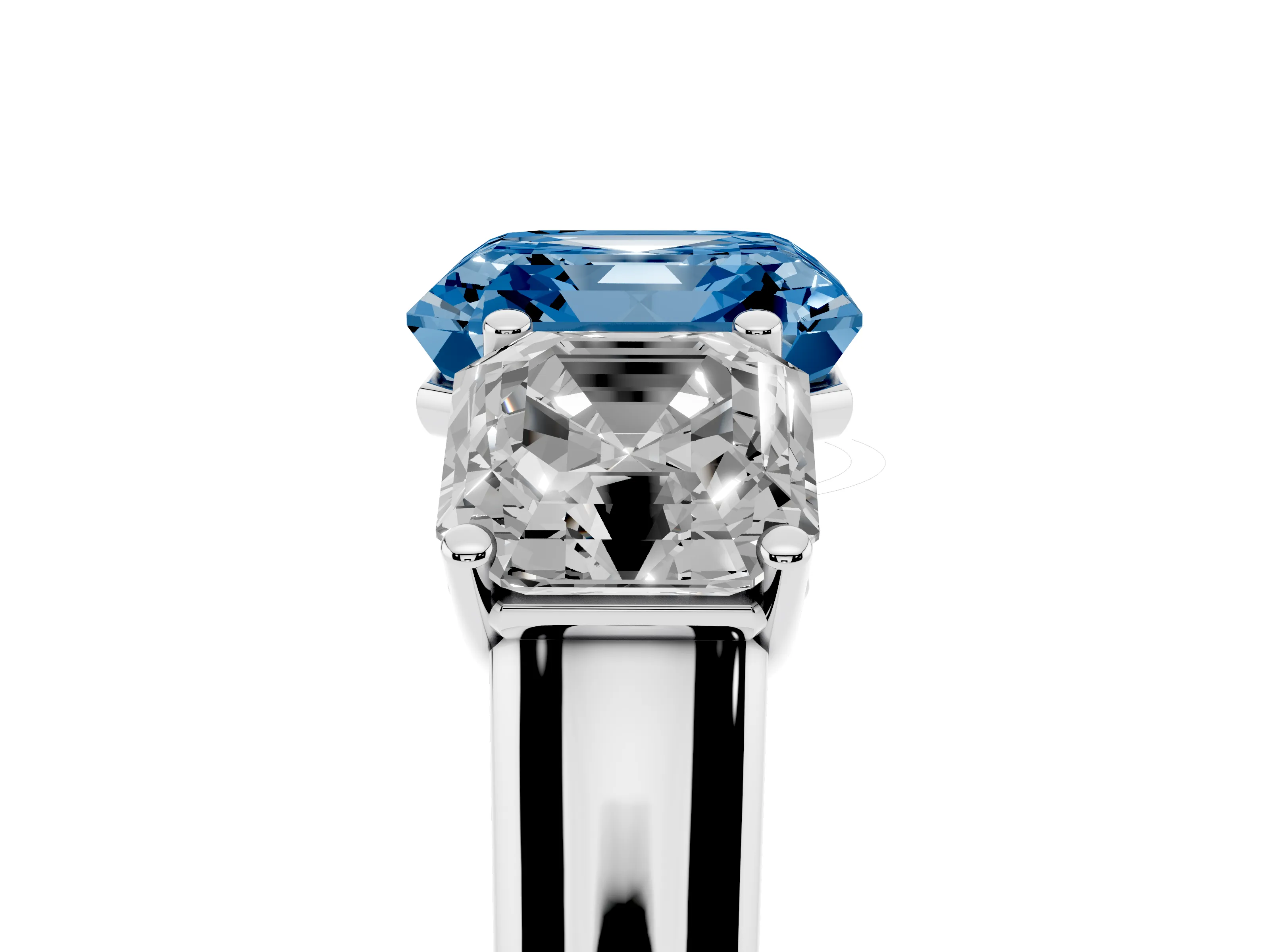 Fancy Blue Asscher Cut Diamond Three-Stone Ring Set in White gold with Plain Polished Band