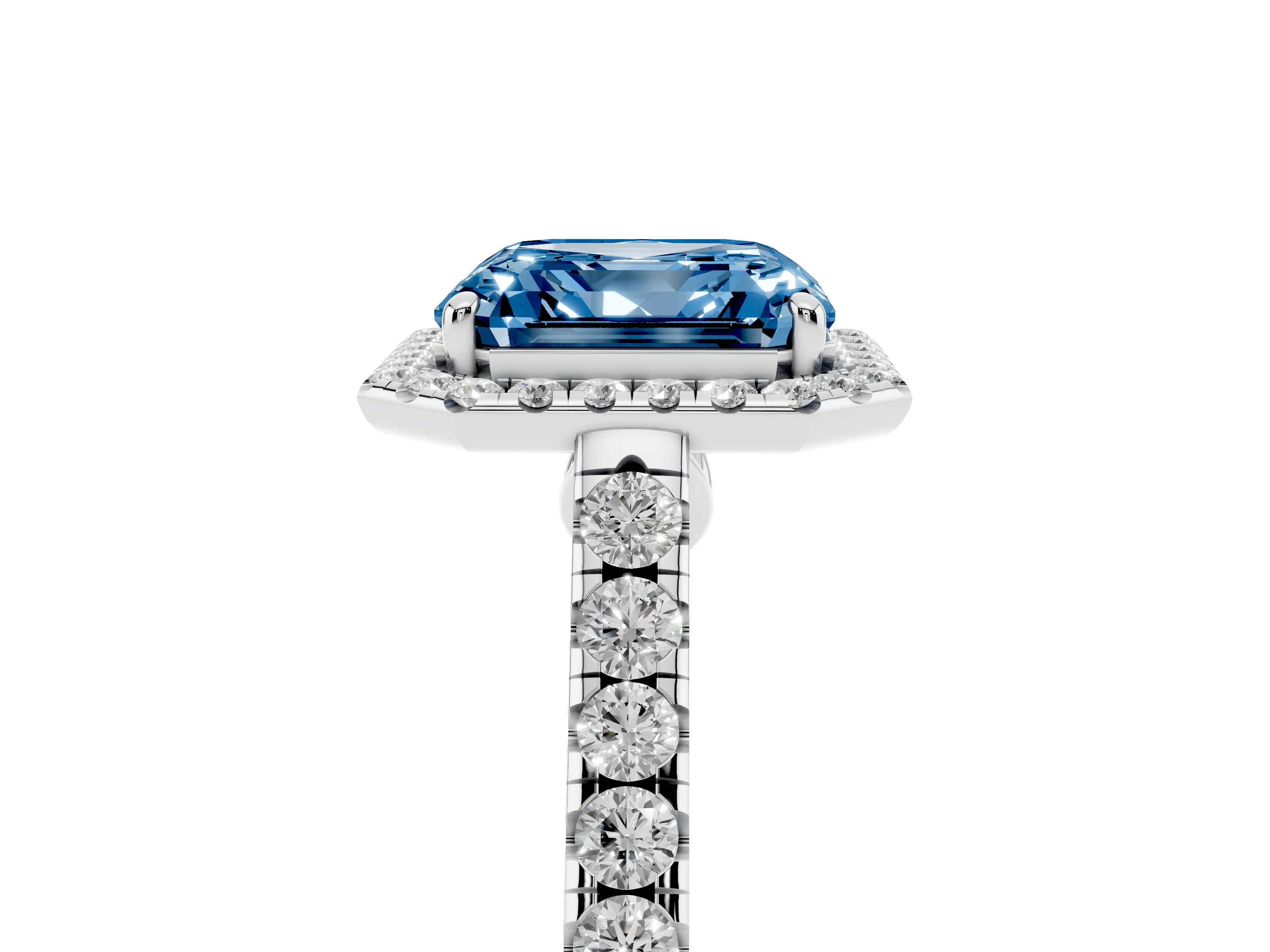 Fancy Blue Asscher Cut Diamond Halo Pavé Engagement Ring Set in White gold with Prong Setting