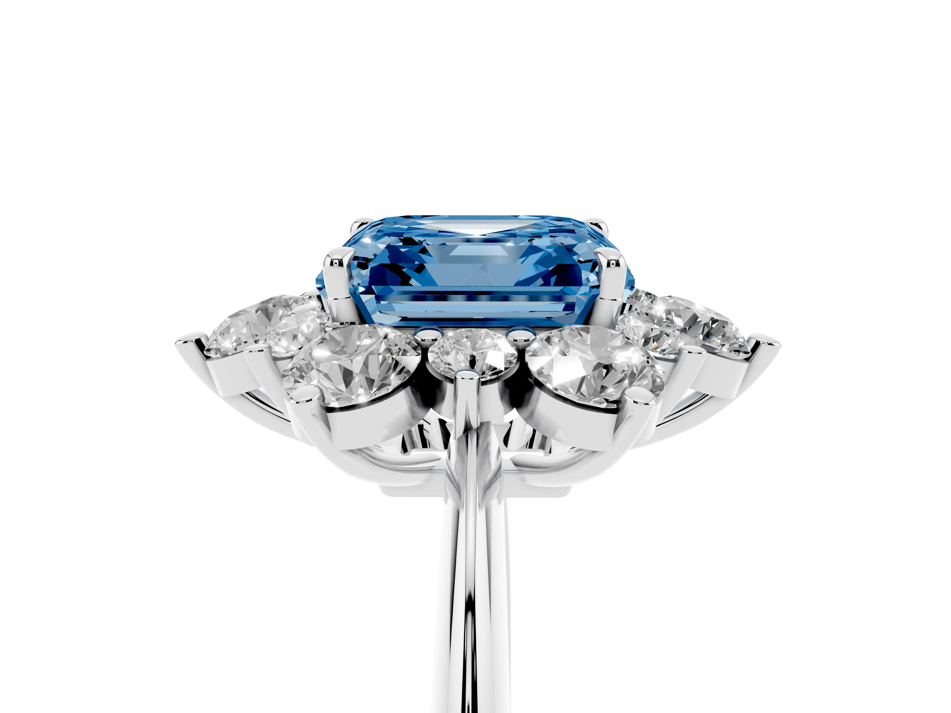 Fancy Blue Asscher Cut Diamond Cluster Halo Ring Set in White gold with Solitaire Band and Prong Setting