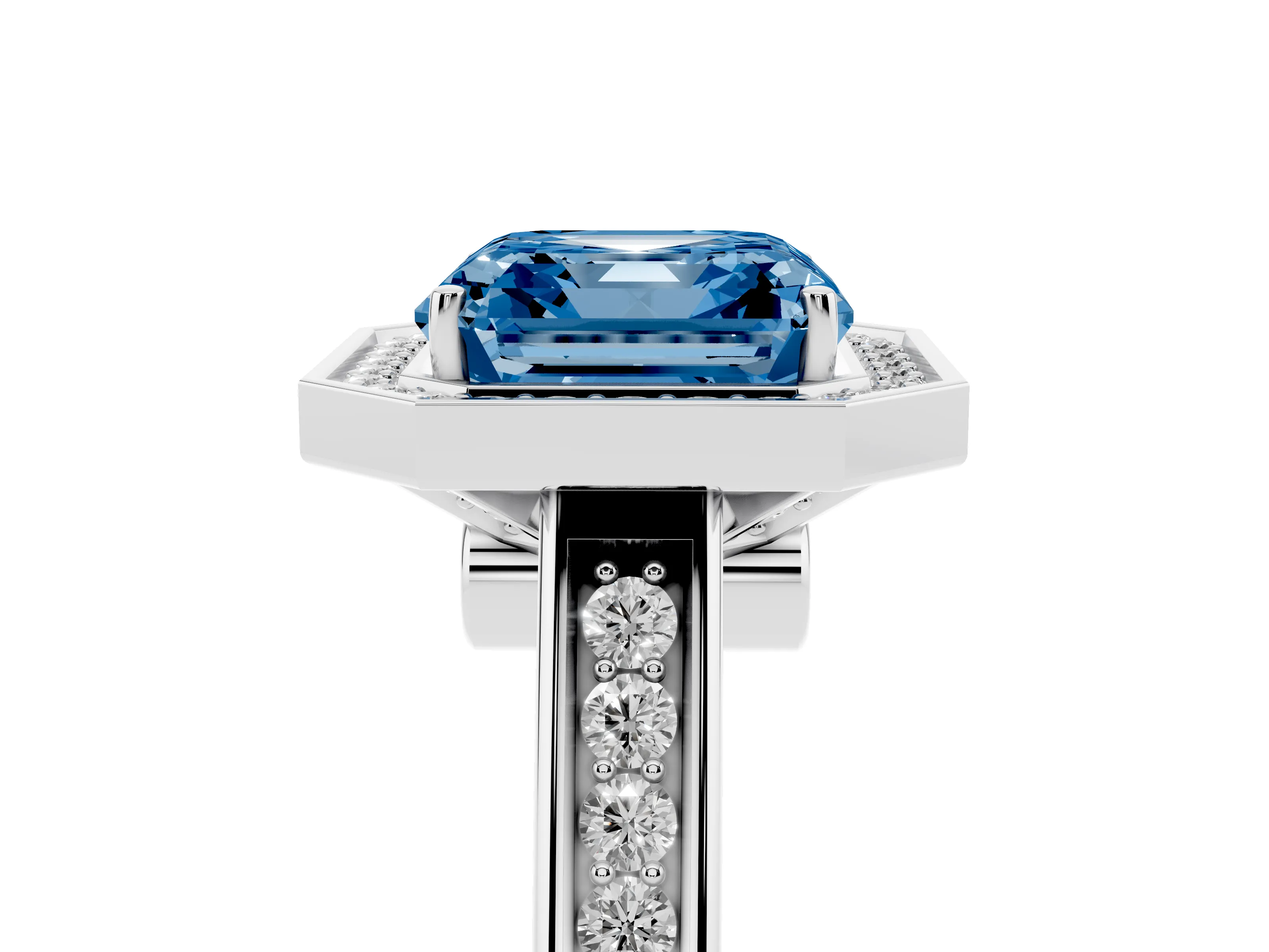 Fancy Blue Asscher Cut Diamond Halo Solitaire Ring Set in White gold with Pavé Band and Bezel Setting