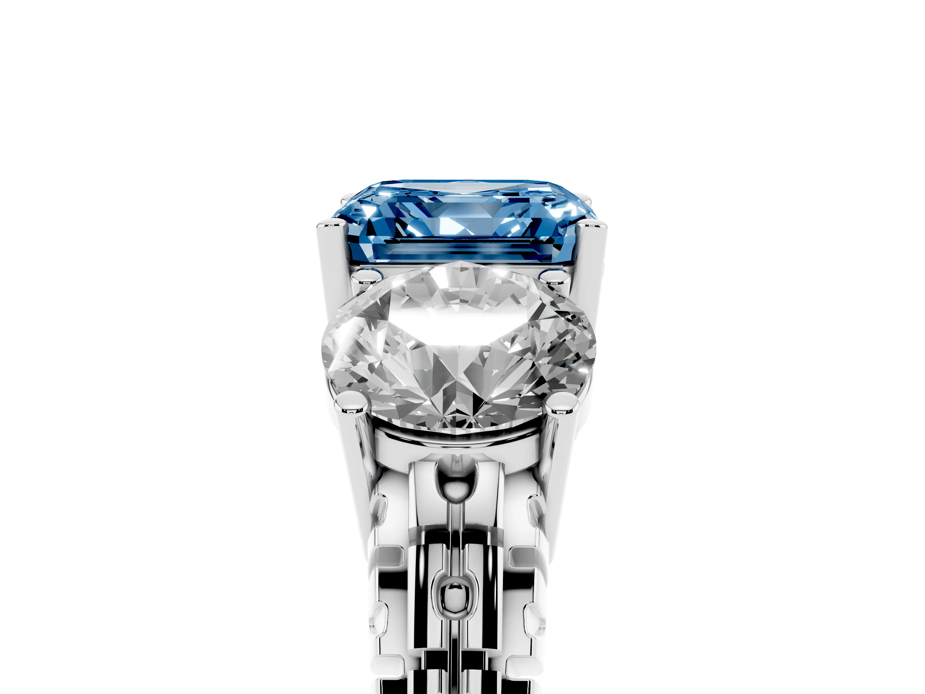Fancy Blue Asscher Cut Diamond Three-Stone Ring Set in Silver with Channel-Set Accent Band