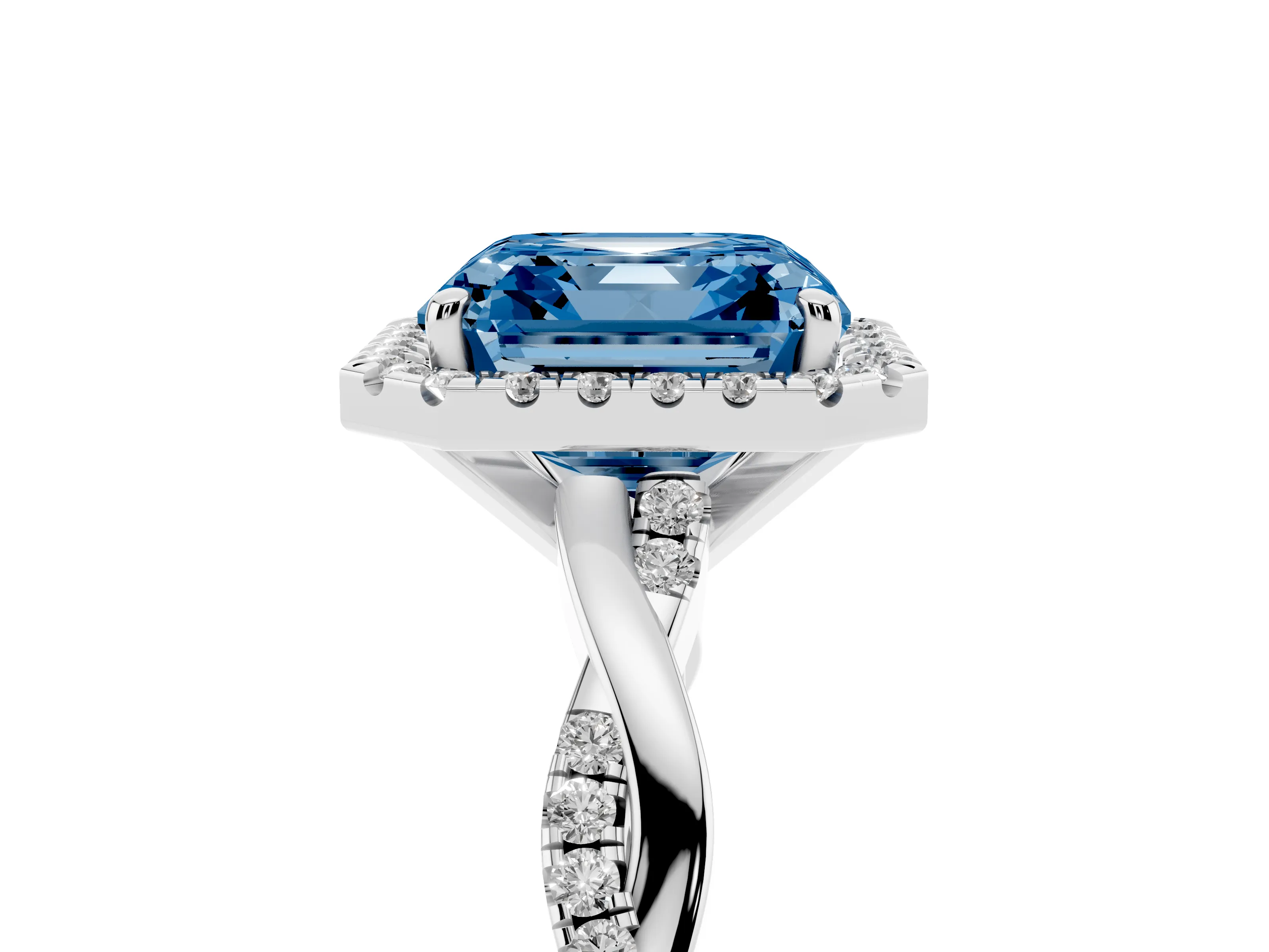 Fancy Blue Asscher Cut Diamond Halo Twisted Band Ring Set in White gold with Prong Setting