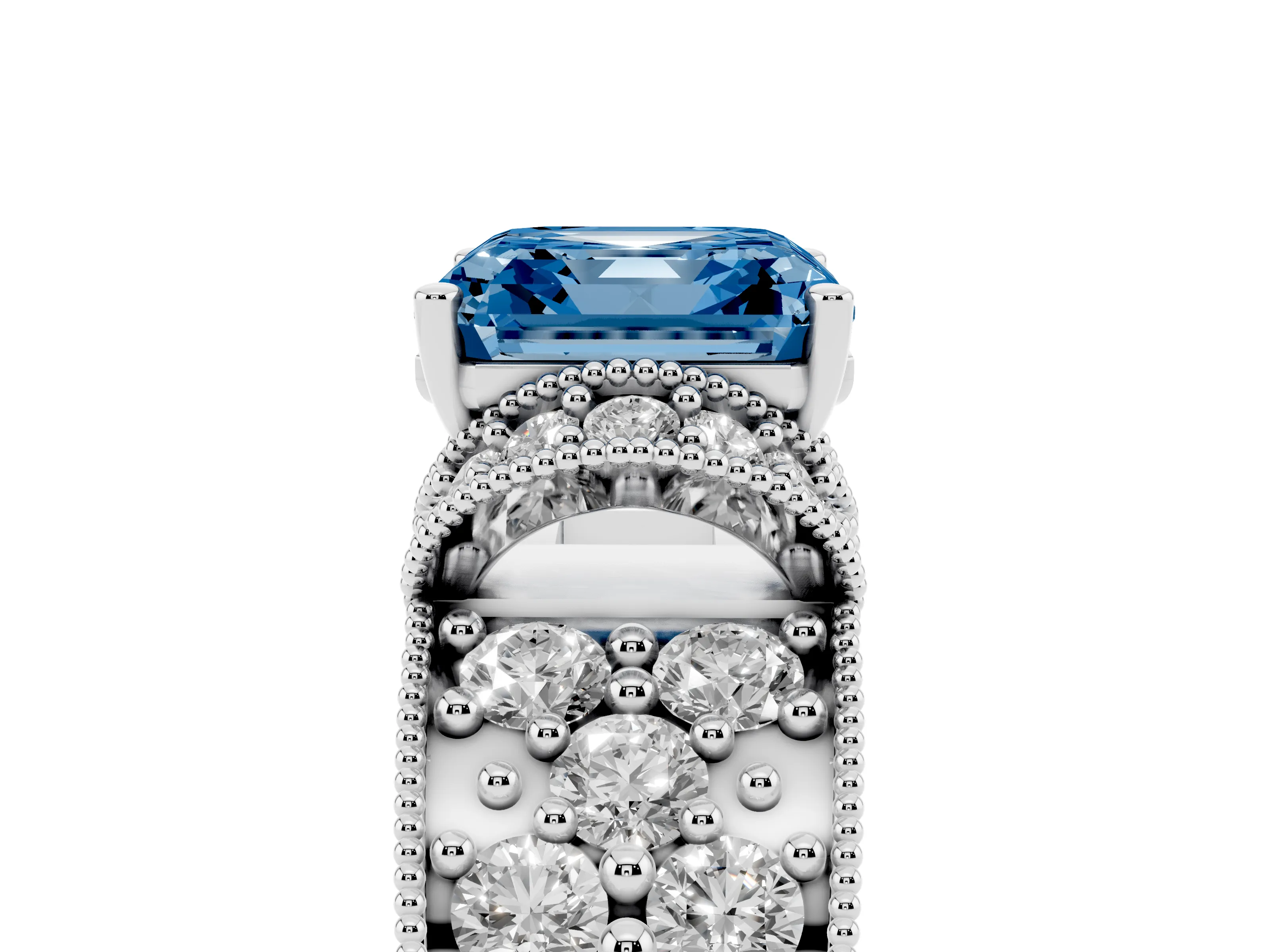 Fancy Blue Asscher Cut Diamond Milgrain Halo Pavé Engagement Ring Set in Silver with Prong Setting
