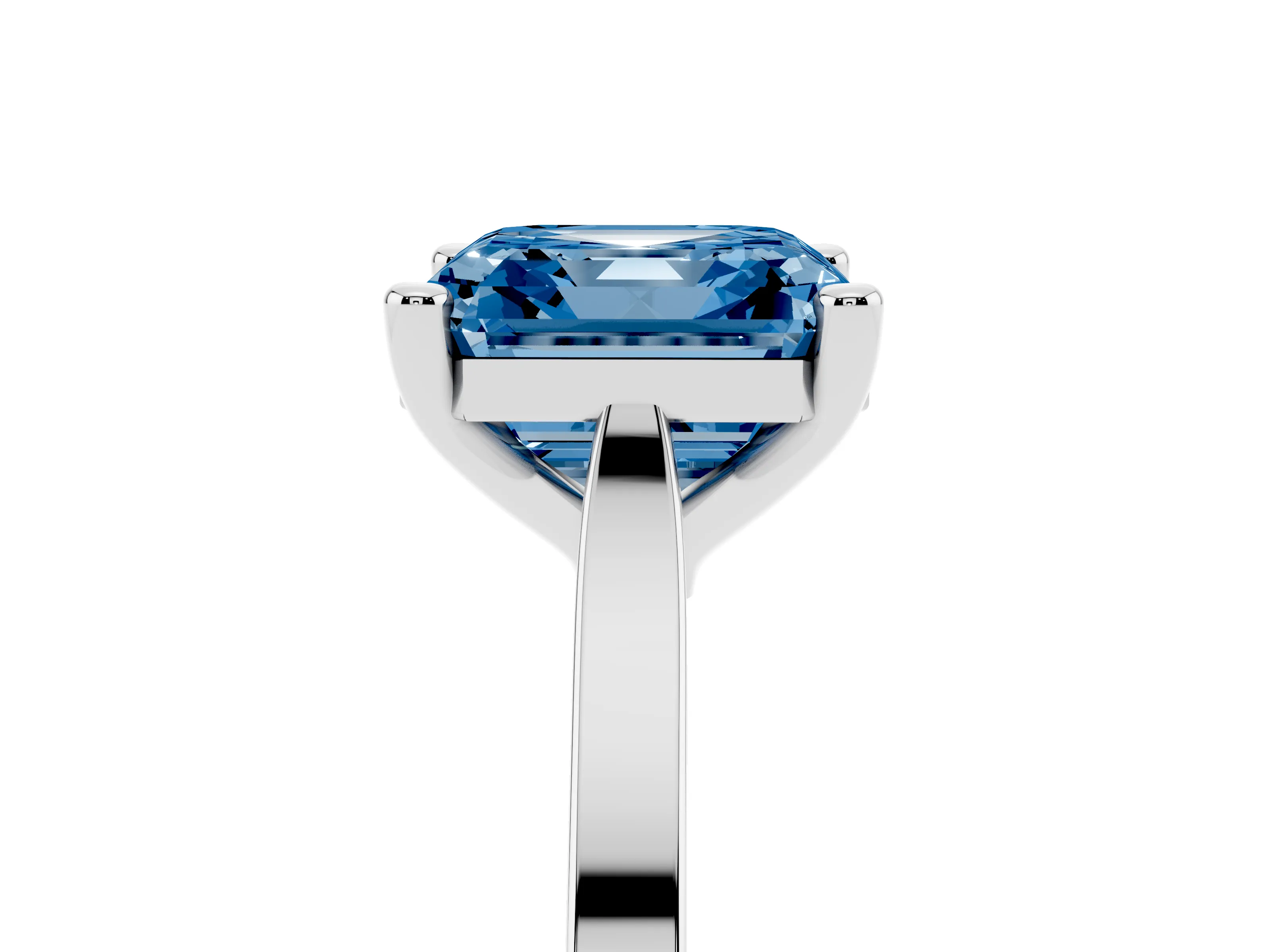 Fancy Blue Asscher Cut Diamond Solitaire Ring Set in White gold with Prong Setting and Tapered Band