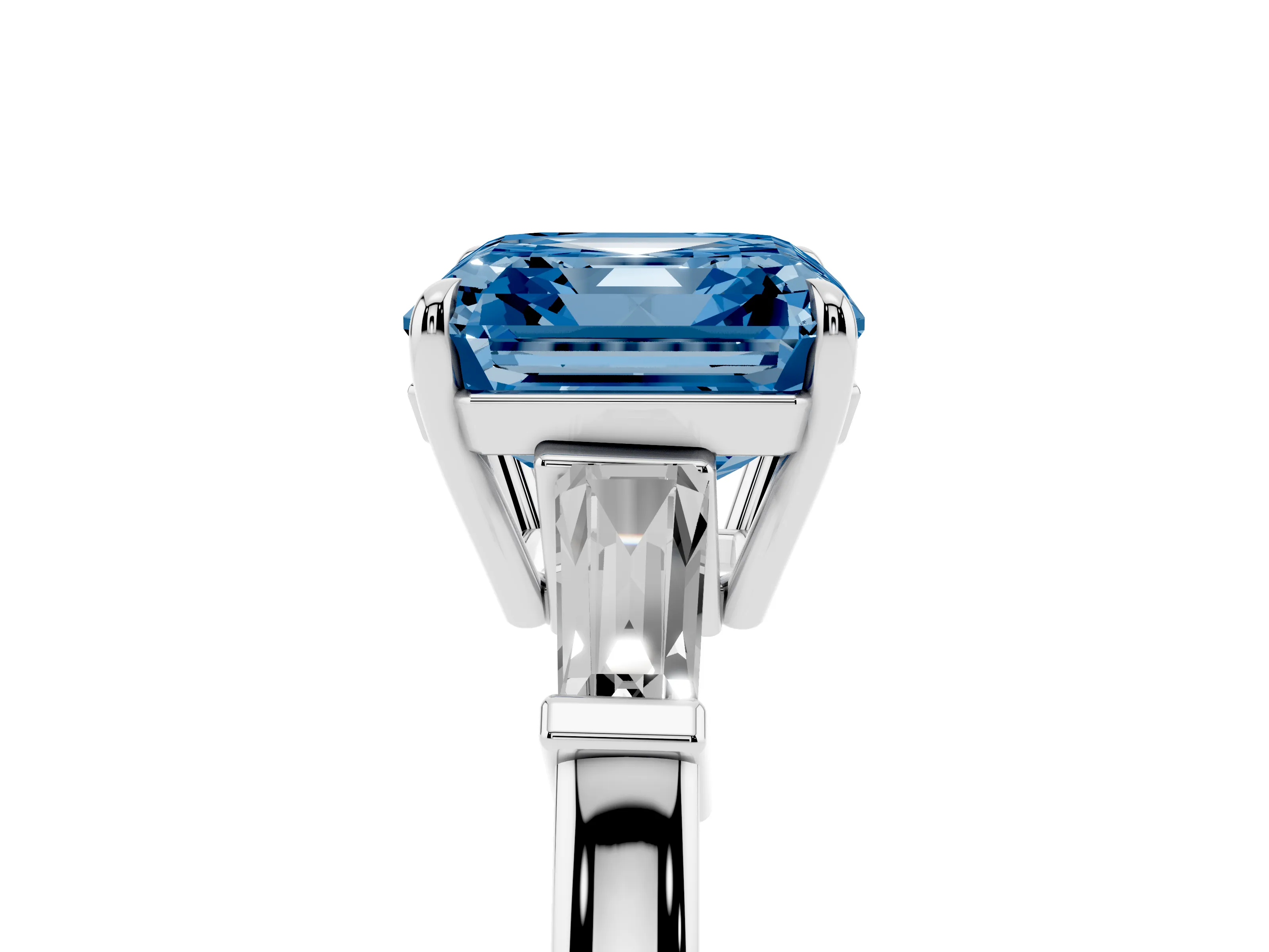 Fancy Blue Asscher Cut Diamond Three-Stone Ring Set in White gold with Tapered Baguette Side Stones and Prong Setting