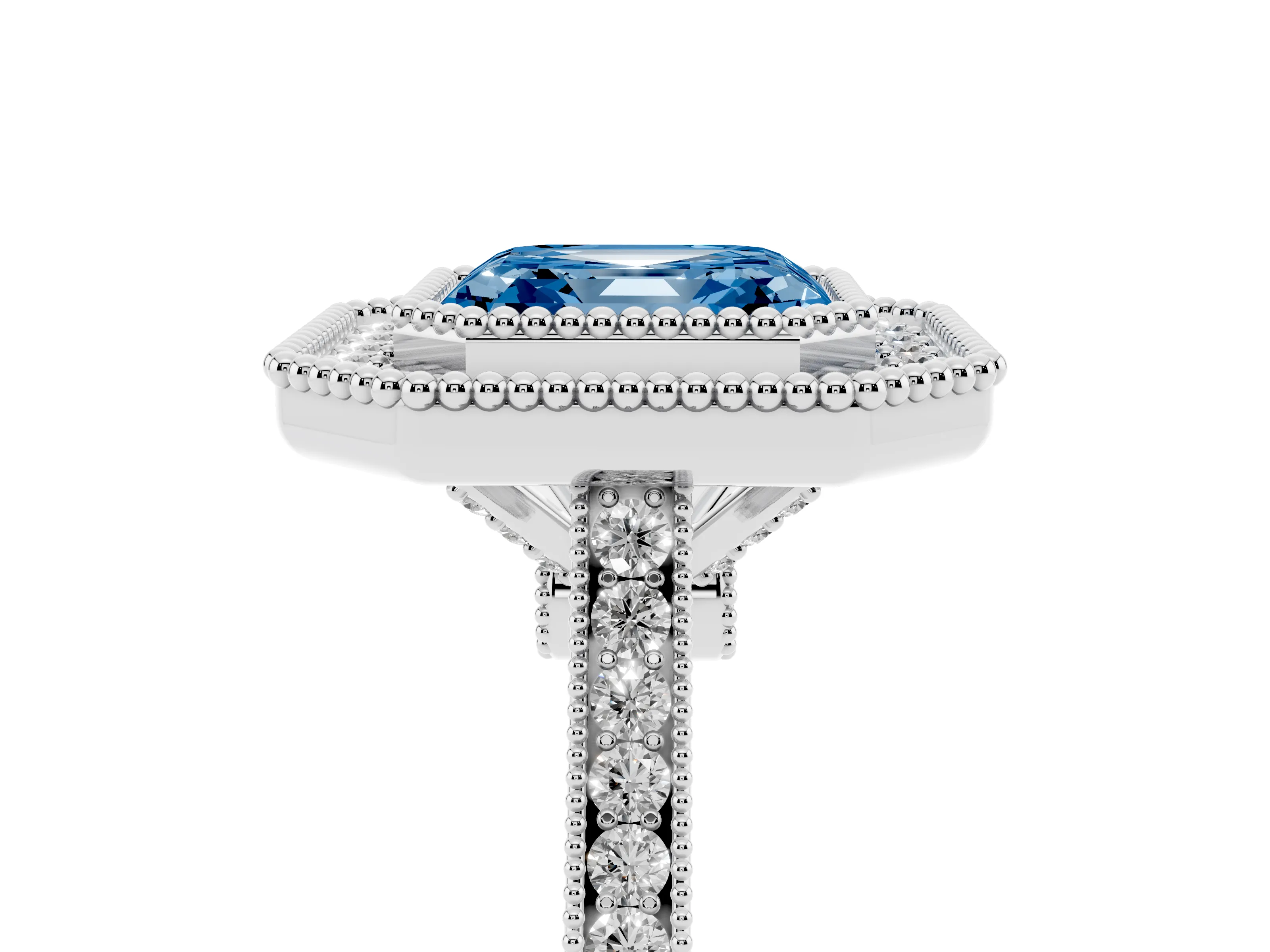 Fancy Blue Asscher Cut Diamond Halo Ring Set in Platinum with Milgrain Frame and Pavé Band