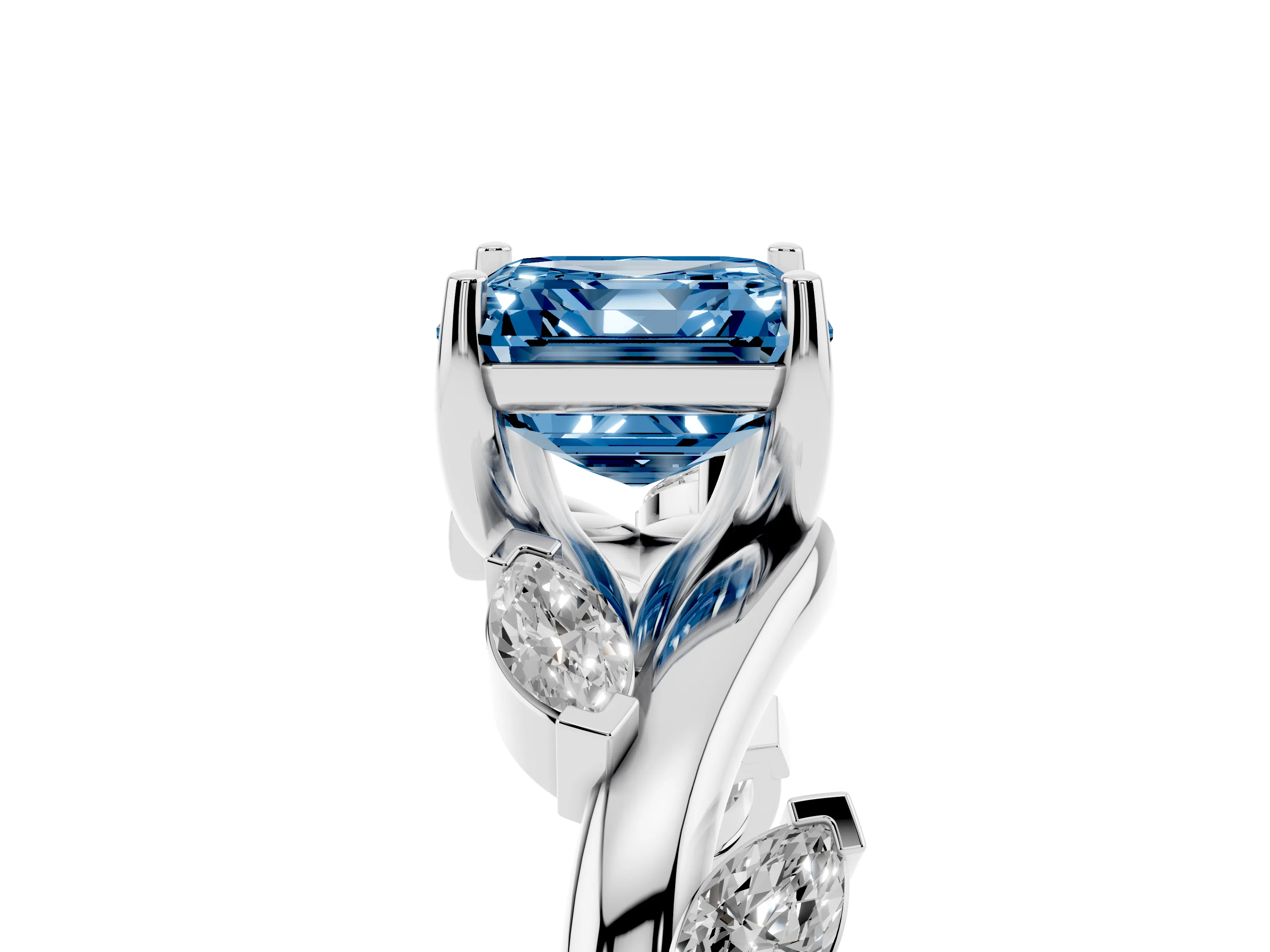 Fancy Blue Asscher Cut Diamond Solitaire Ring Set in White gold with Twisted Marquise Accent Band