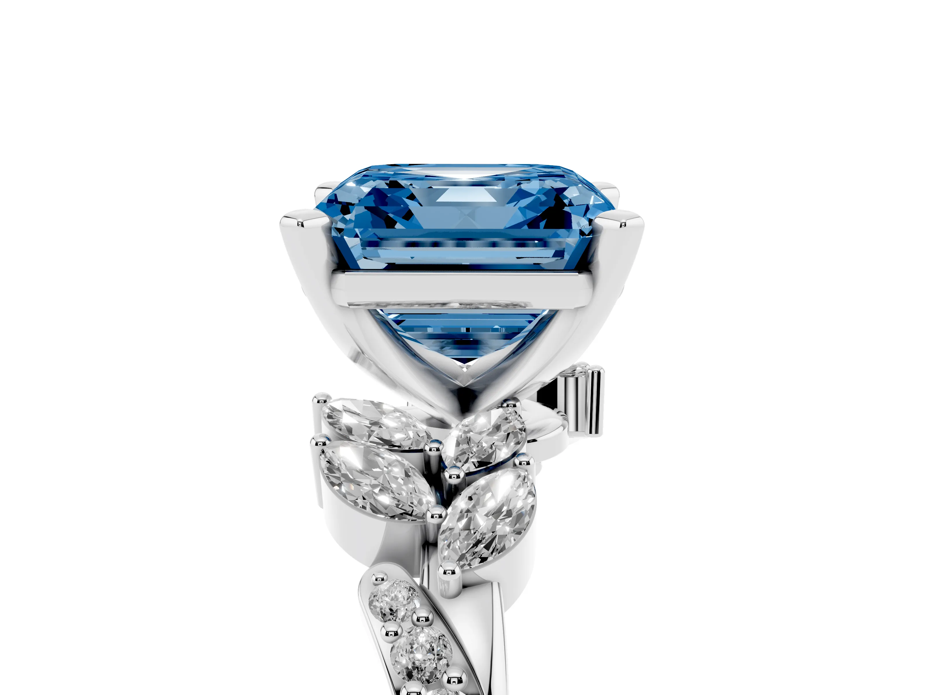 Fancy Blue Asscher Cut Diamond Solitaire Ring Set in White gold with Marquise Twist Band and Prong Setting