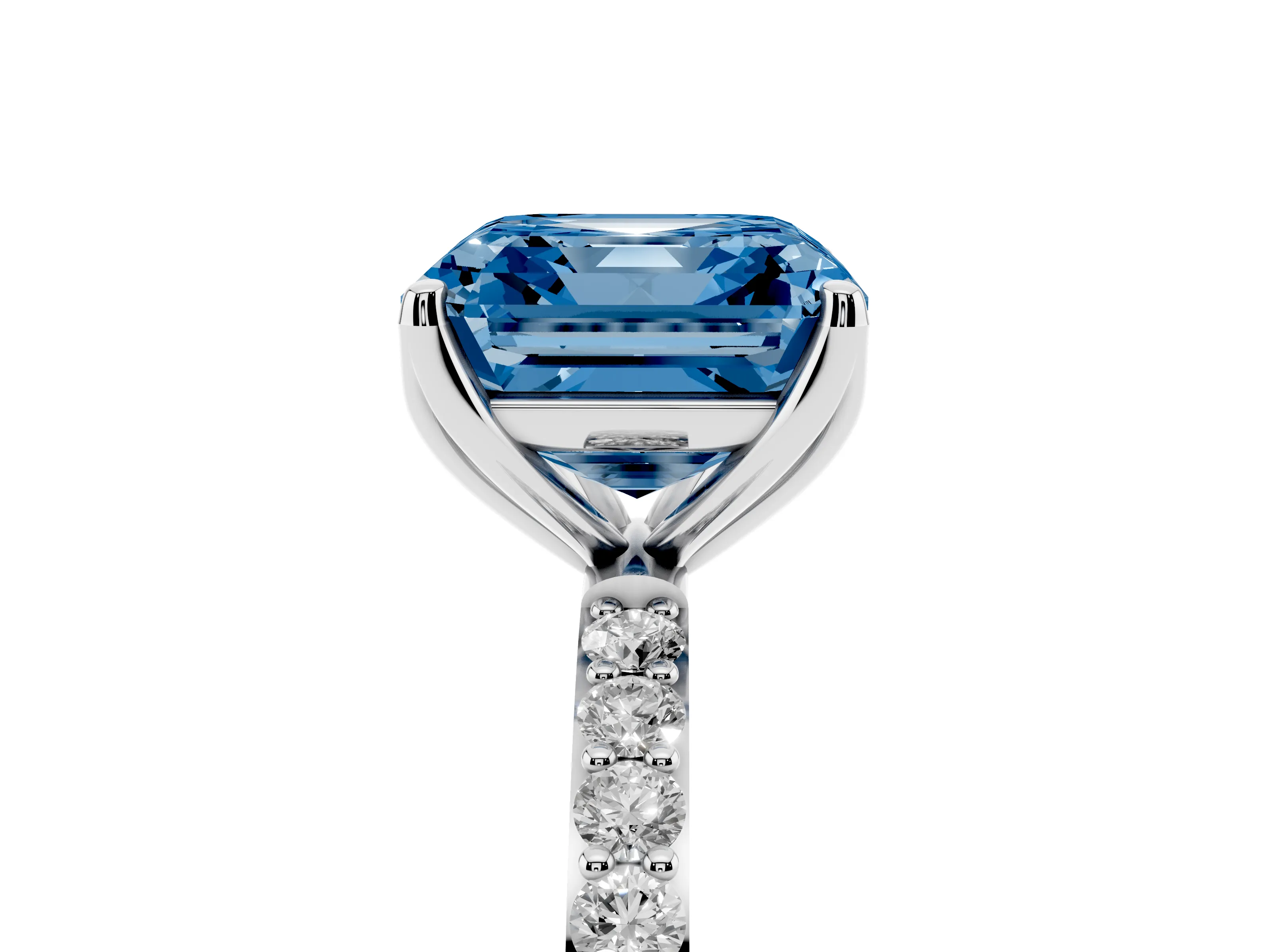 Fancy Blue Asscher Cut Diamond Solitaire Engagement Ring Set in White gold with Round Pavé Band and Prong Setting