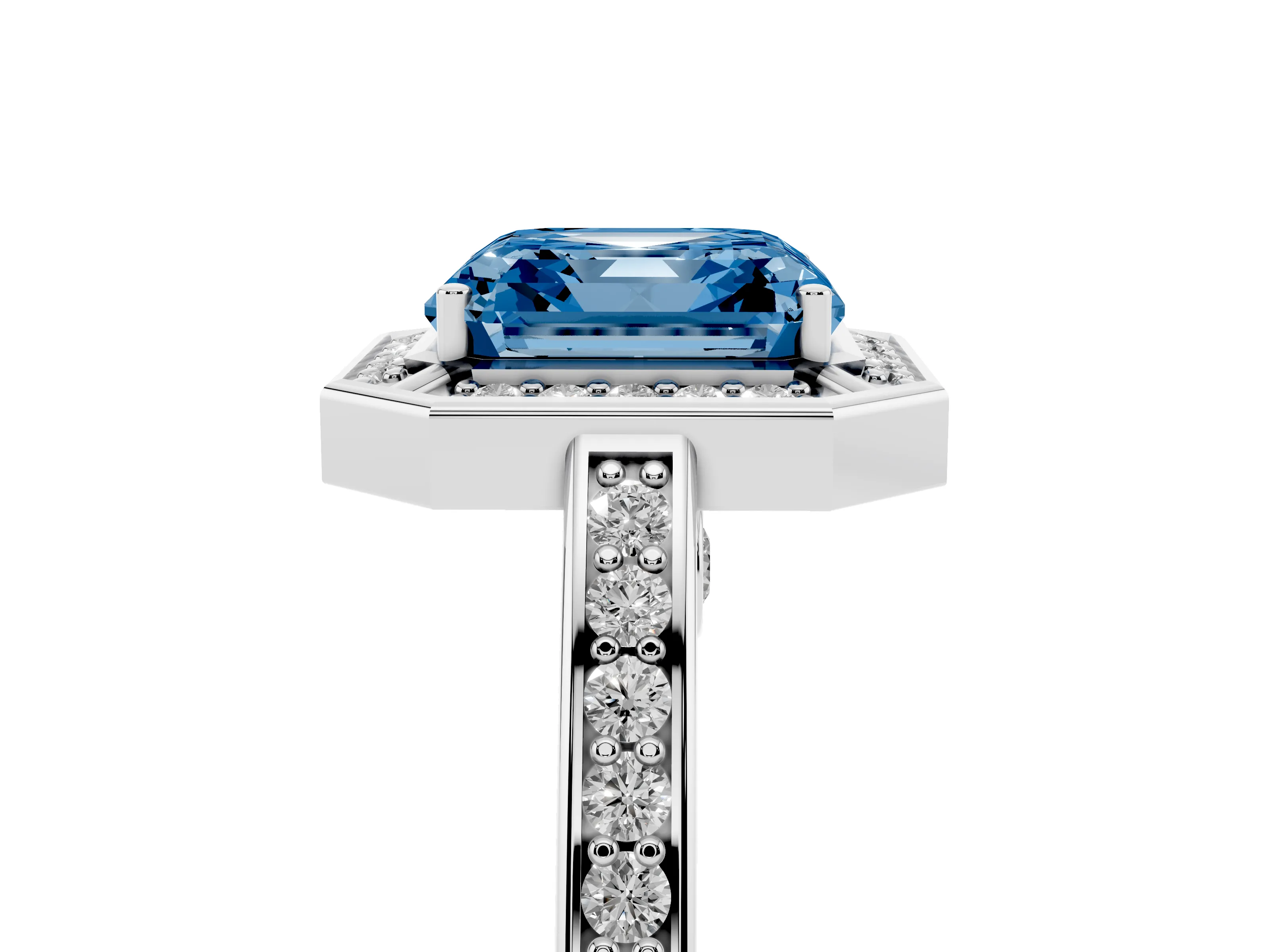 Fancy Blue Asscher Cut Diamond Halo Pavé Split Shank Ring Set in White gold with Prong Setting